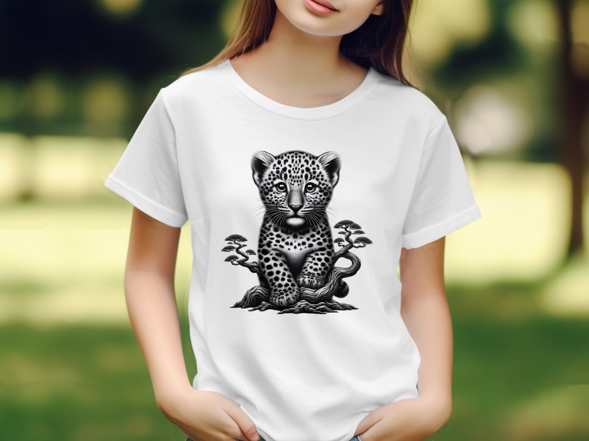 Leopard Bonsai - Coloured Gildan Kids T-Shirt Realistic Animal Talisman Unisex Cute Tee Graphic Design