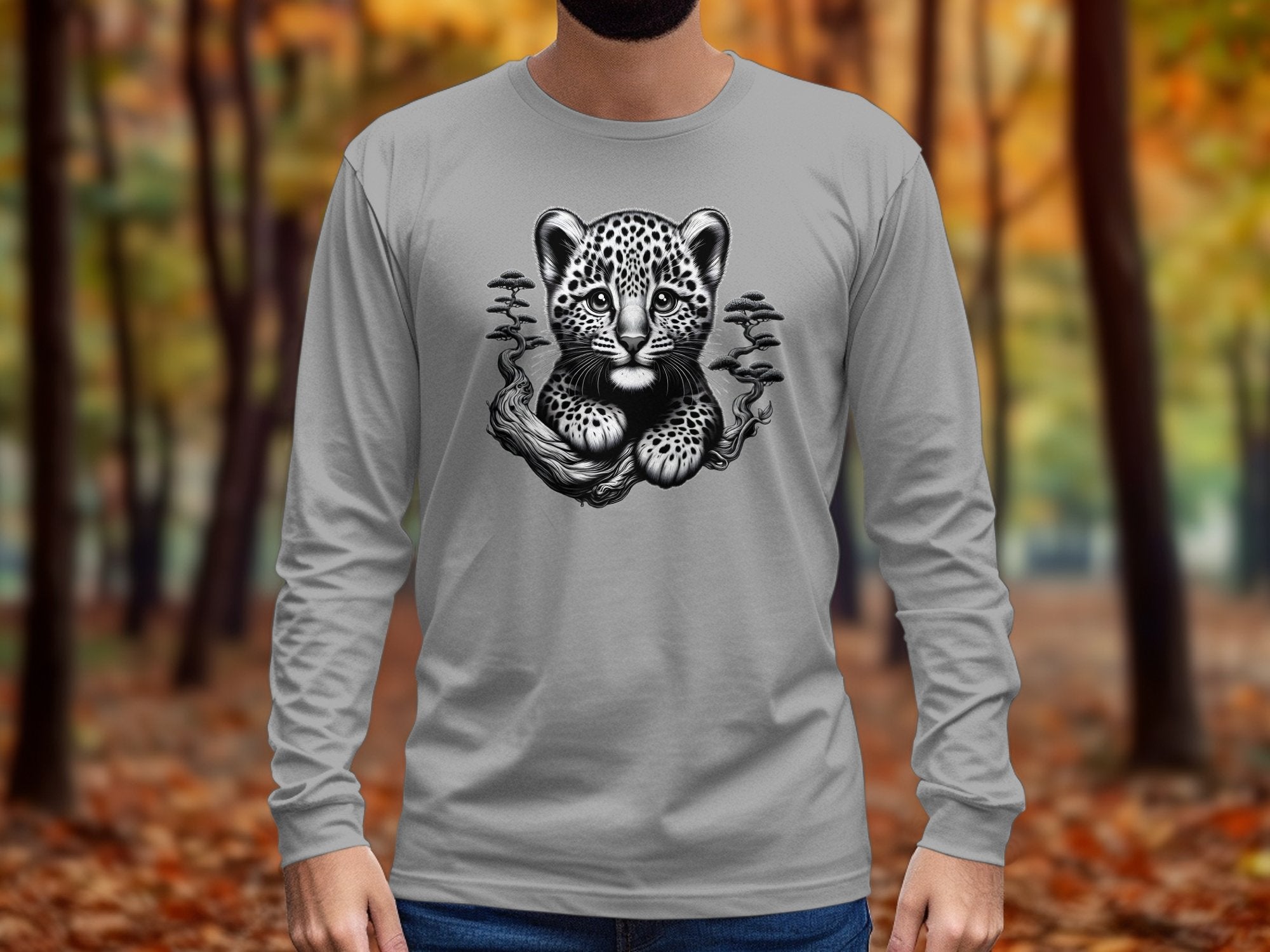 Leopard Bonsai - Coloured Gildan Long Sleeve Realistic Animal Talisman Unisex Cute Tee Graphic Design