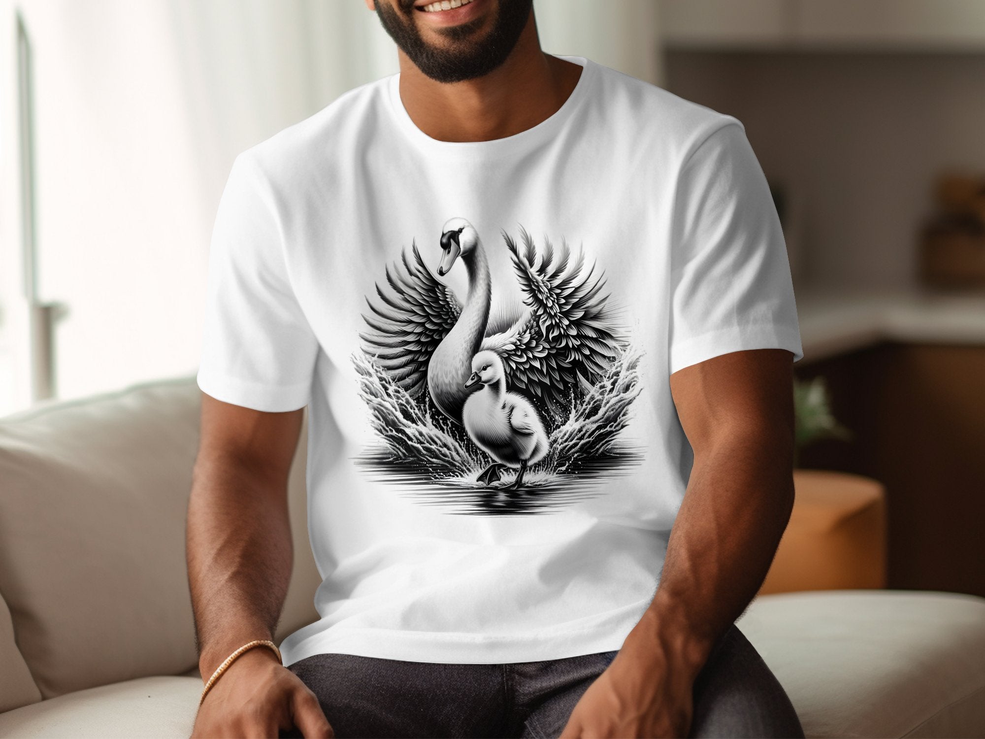 Swan & Cygnet- Black White Gildan T-Shirt Realistic Family Talisman Unisex Tee Graphic Design