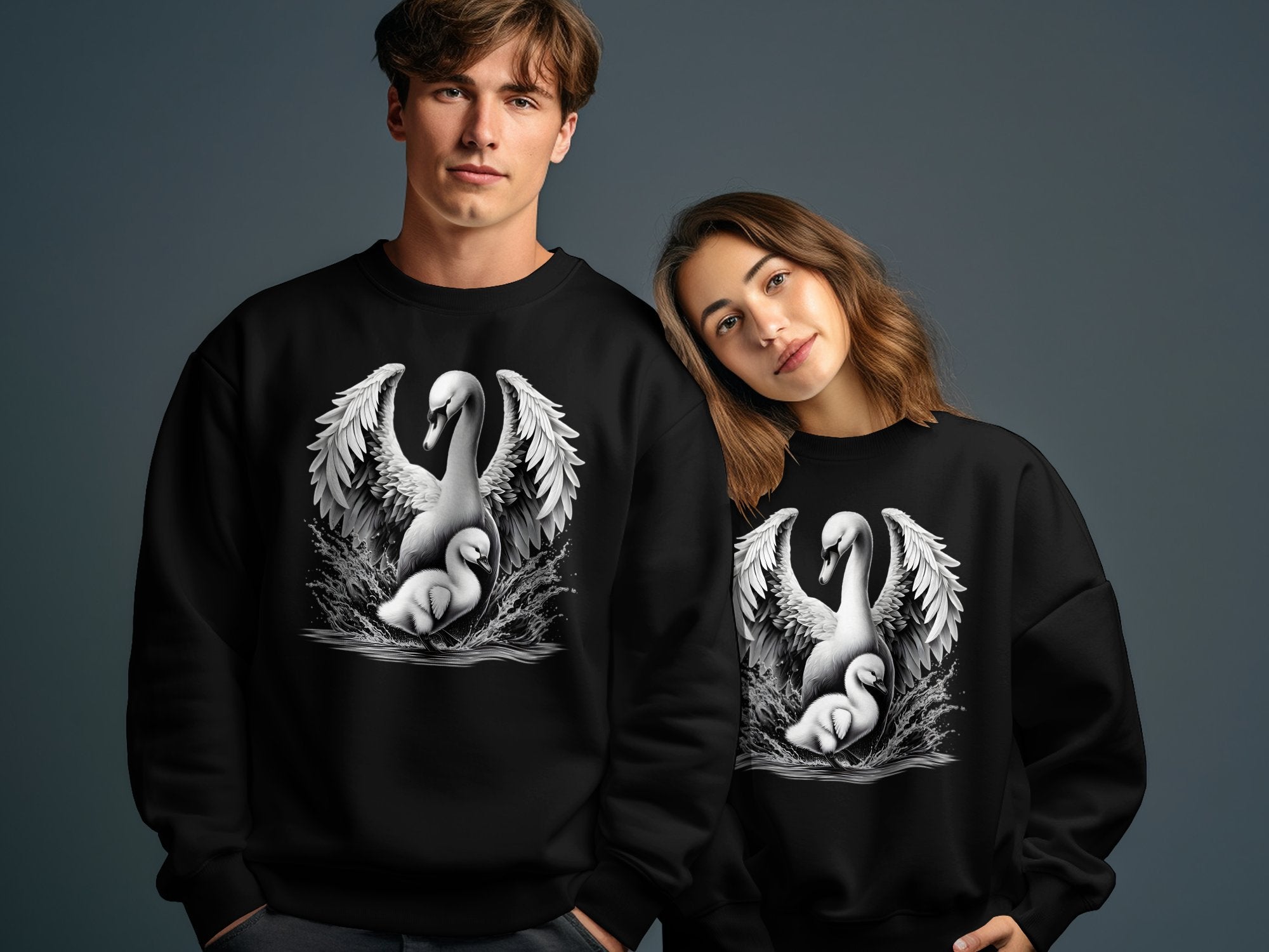 Swan & Cygnet- Black White Gildan Sweatshirt Realistic Family Talisman Unisex Tee Graphic Design