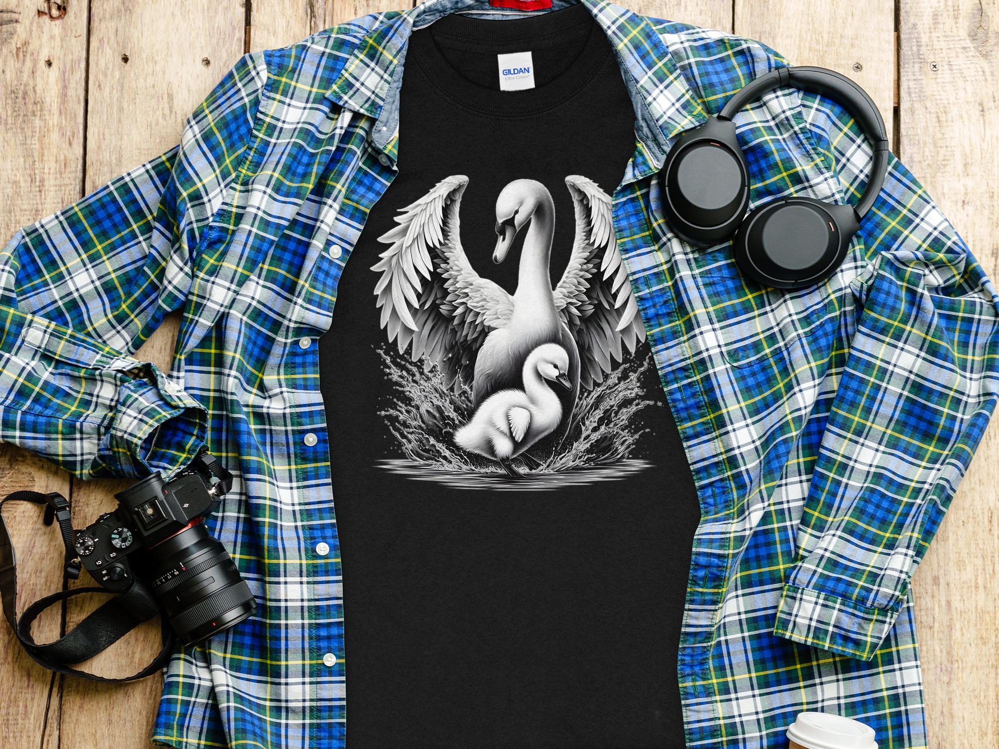 Swan & Cygnet- Black White Gildan Long Sleeve Realistic Family Talisman Unisex Tee Graphic Design