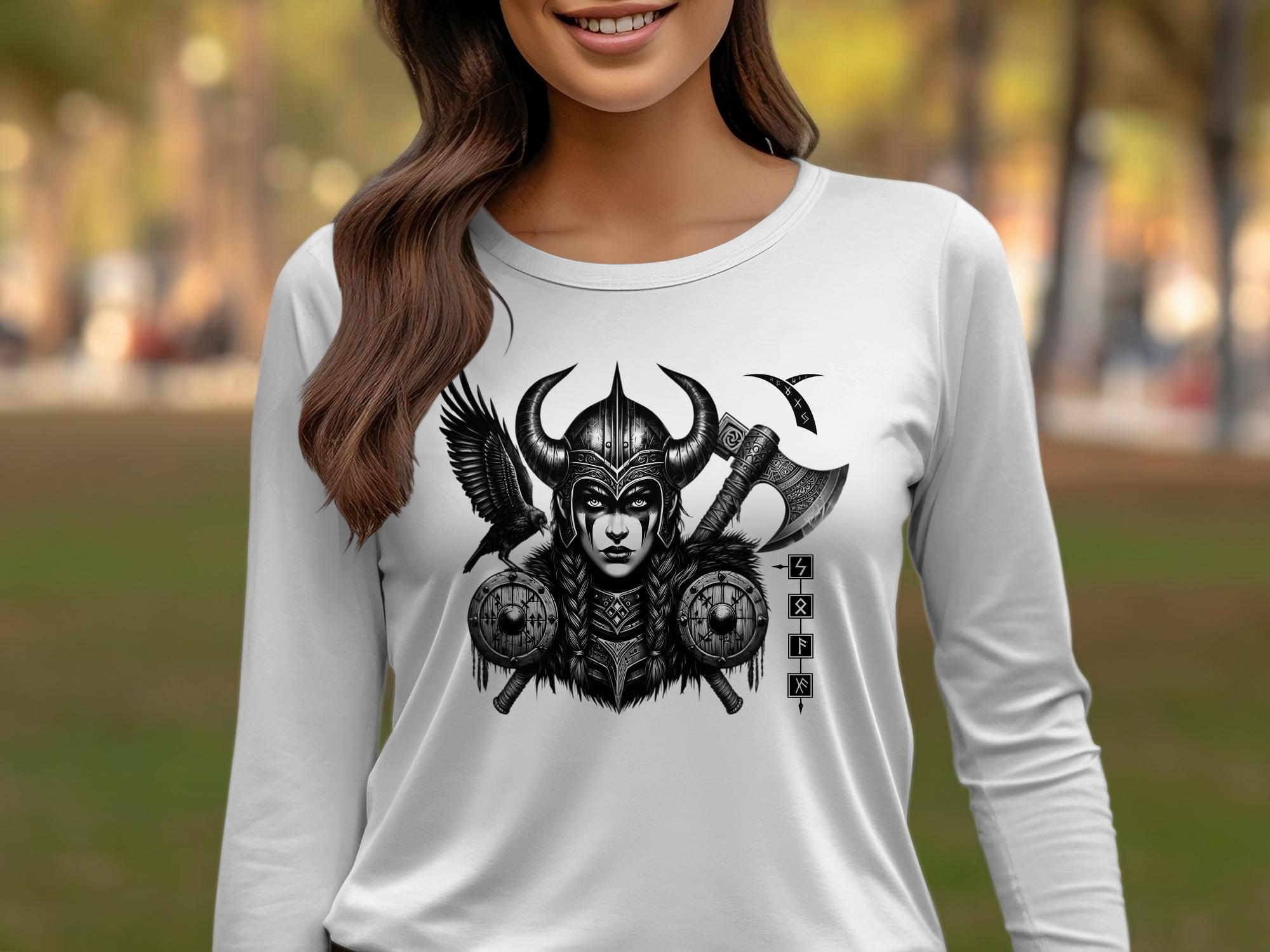 Viking Shield Maiden - Coloured Gildan Long Sleeve Realistic Norse Talisman Men Women Unisex Valhalla Tee Graphic Design