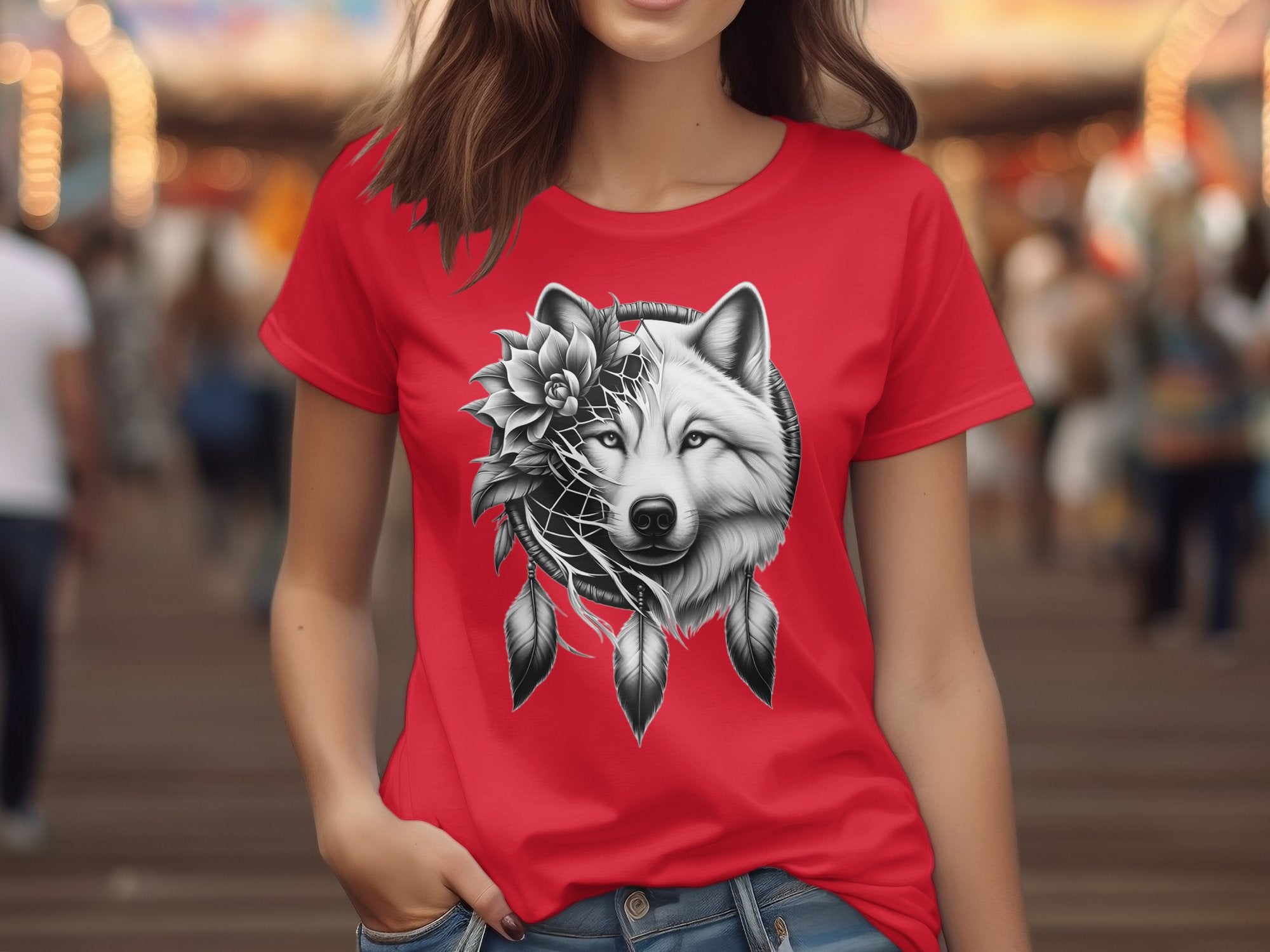 Dreamcatcher Wolf - Coloured Gildan T-Shirt Realistic Native American Talisman Unisex Mythology Tee Graphic Design