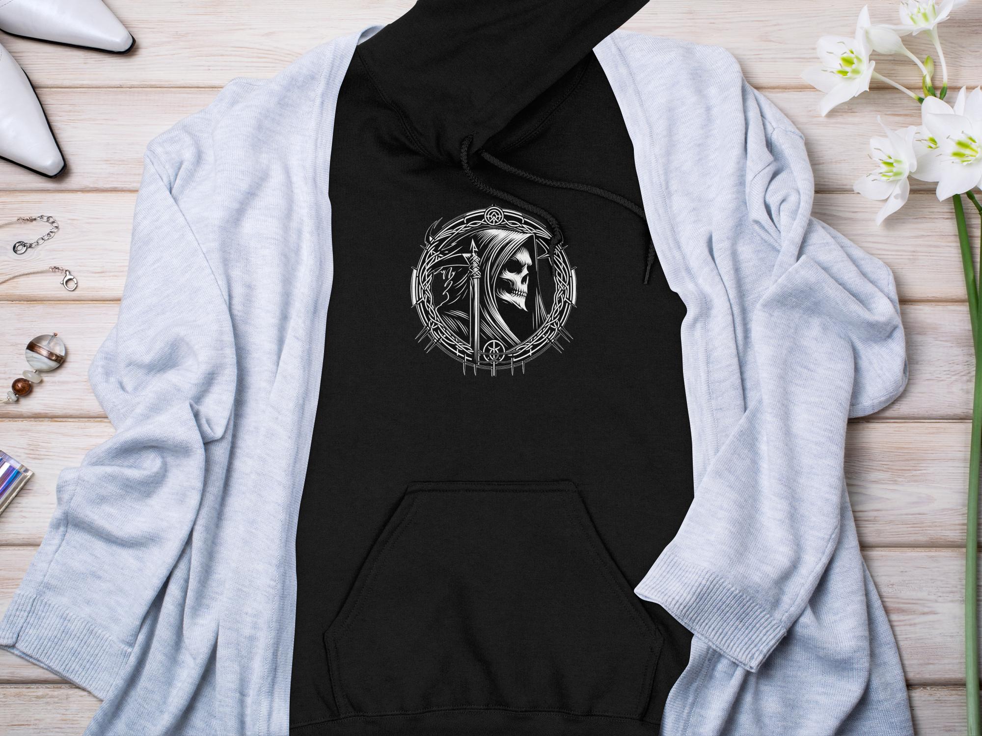 Grim Reaper - Black White Gildan Hoodie Commemorative Talisman Unisex Tee Graphic Design