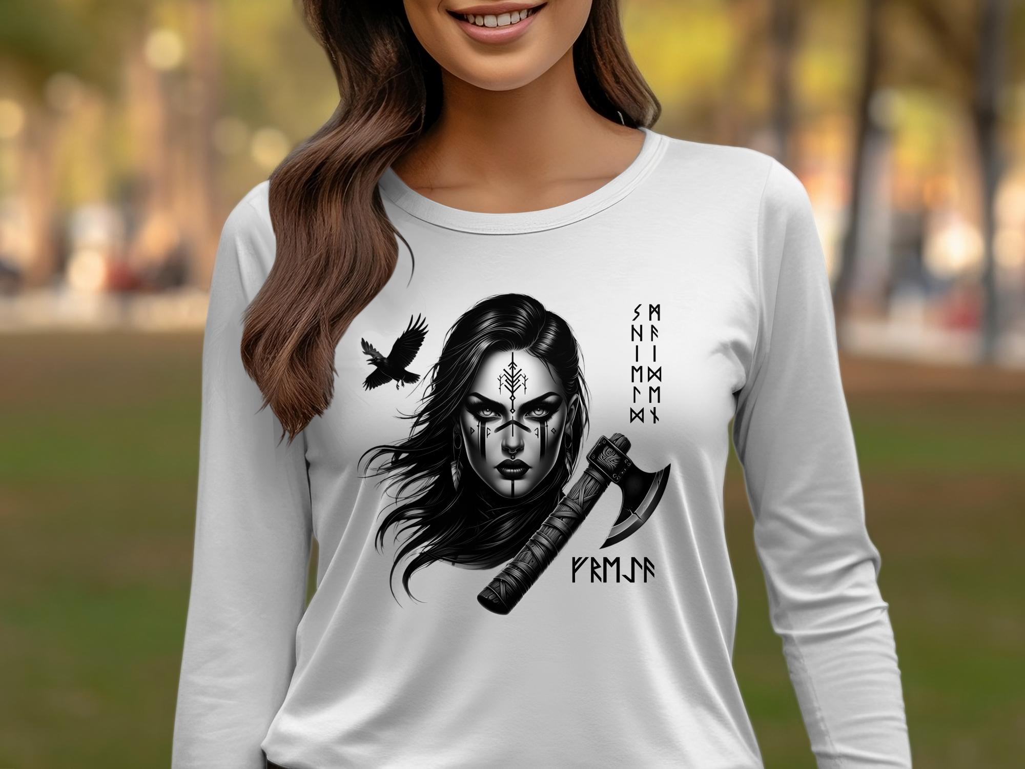 Viking Shield Maiden - Coloured Gildan Long Sleeve Realistic Norse Talisman Men Women Unisex Valhalla Tee Graphic Design