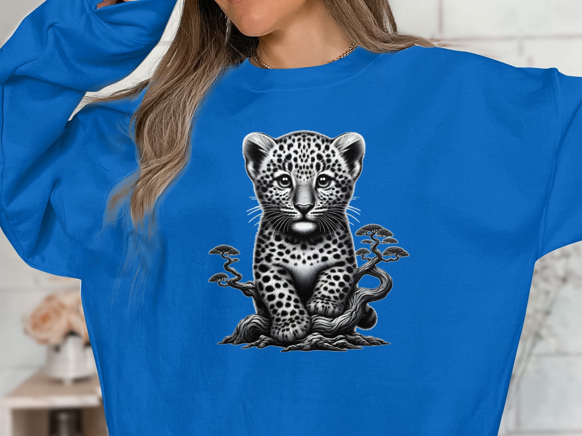 Leopard Bonsai - Coloured Gildan Sweatshirt Realistic Animal Talisman Unisex Cute Tee Graphic Design