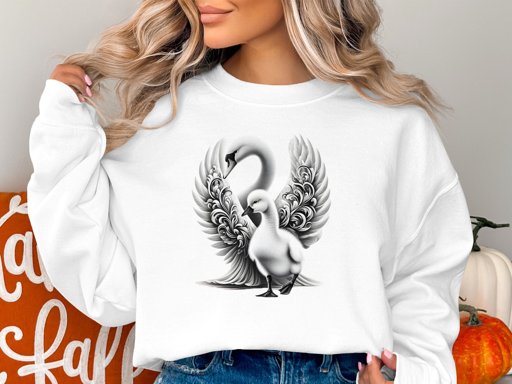 Swan & Cygnet- Black White Gildan Sweatshirt Realistic Family Talisman Unisex Tee Graphic Design