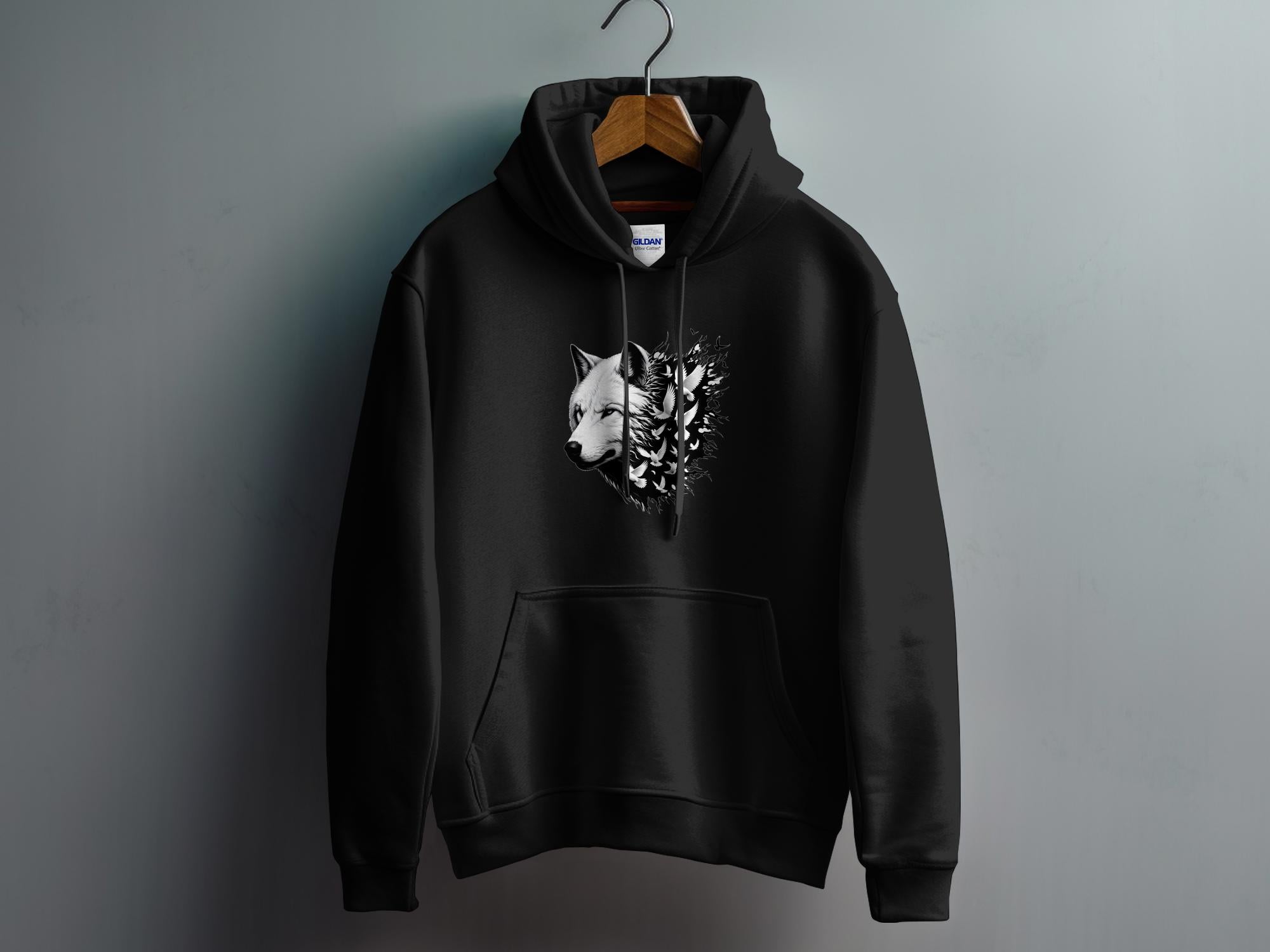 Wolf x Doves - Black White Gildan Hoodie Realistic Animal Talisman Unisex Tee Graphic Design