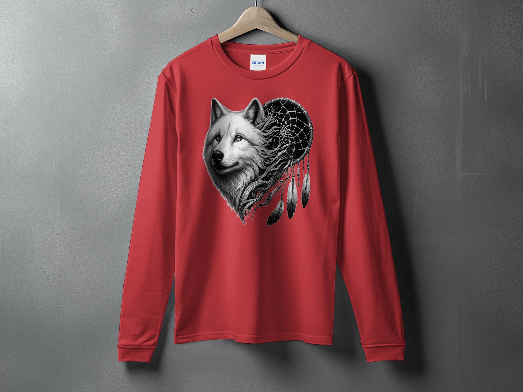 Dreamcatcher Wolf - Coloured Gildan Long Sleeve Realistic Native American Talisman Unisex Mythology Tee Graphic Design