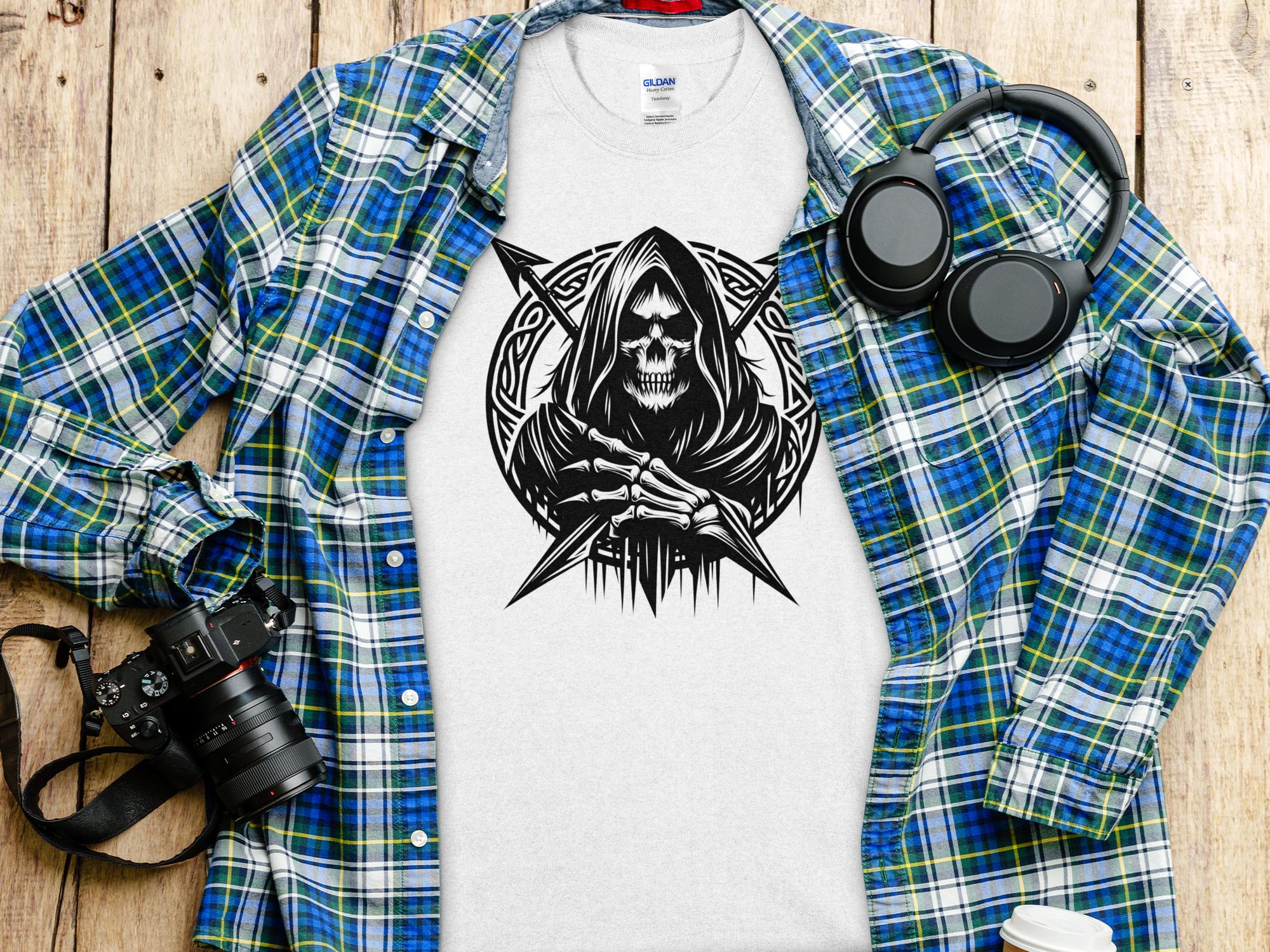 Grim Reaper - Black White Gildan T-Shirt Commemorative Talisman Unisex Tee Graphic Design