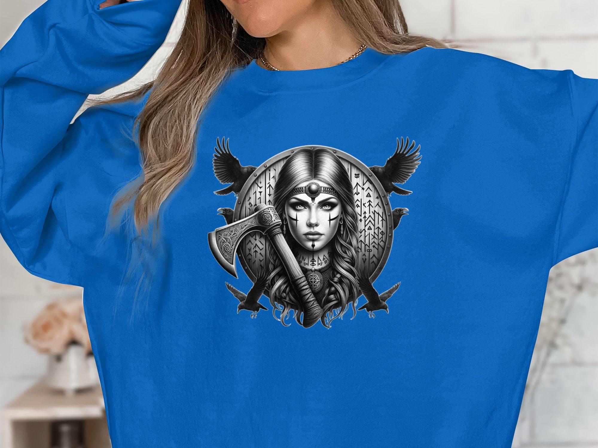 Viking Shield Maiden - Coloured Gildan Sweatshirt Realistic Norse Talisman Men Women Unisex Valhalla Tee Graphic Design