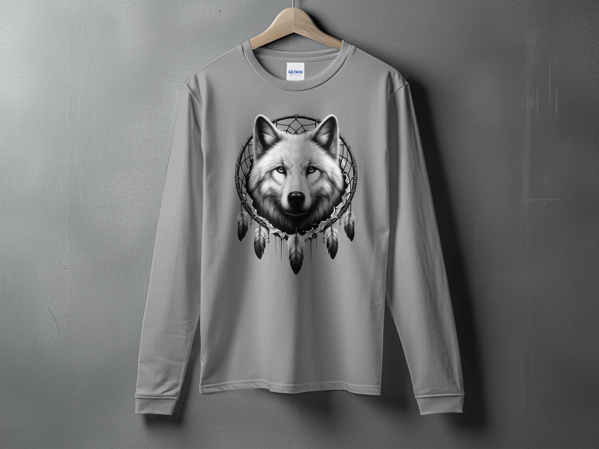 Dreamcatcher Wolf - Coloured Gildan Long Sleeve Realistic Native American Talisman Unisex Mythology Tee Graphic Design