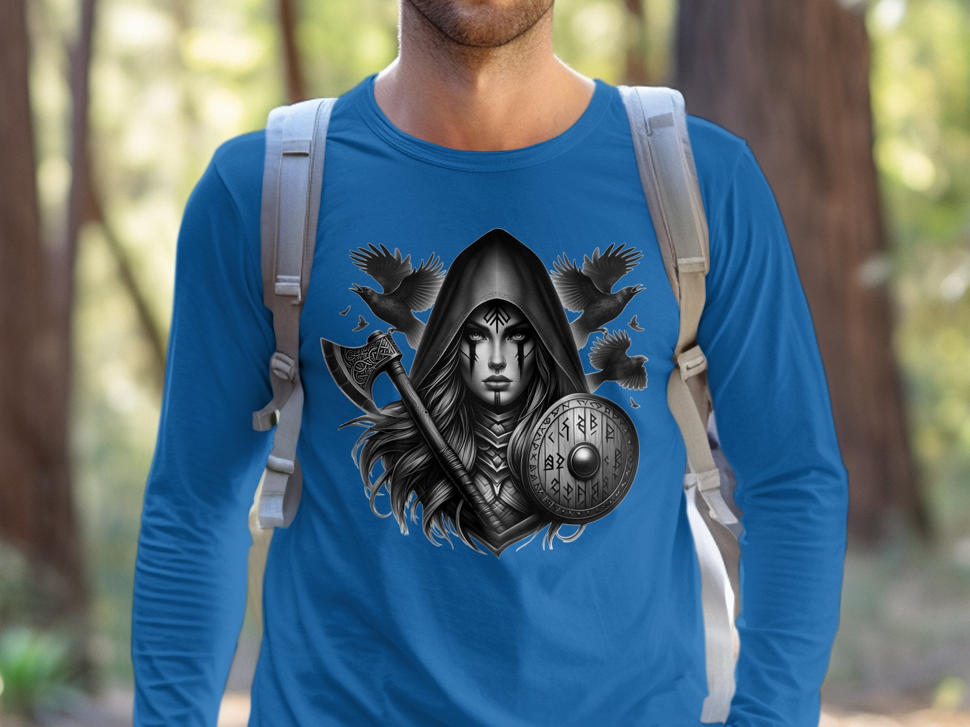 Viking Shield Maiden - Coloured Gildan Long Sleeve Realistic Norse Talisman Men Women Unisex Valhalla Tee Graphic Design