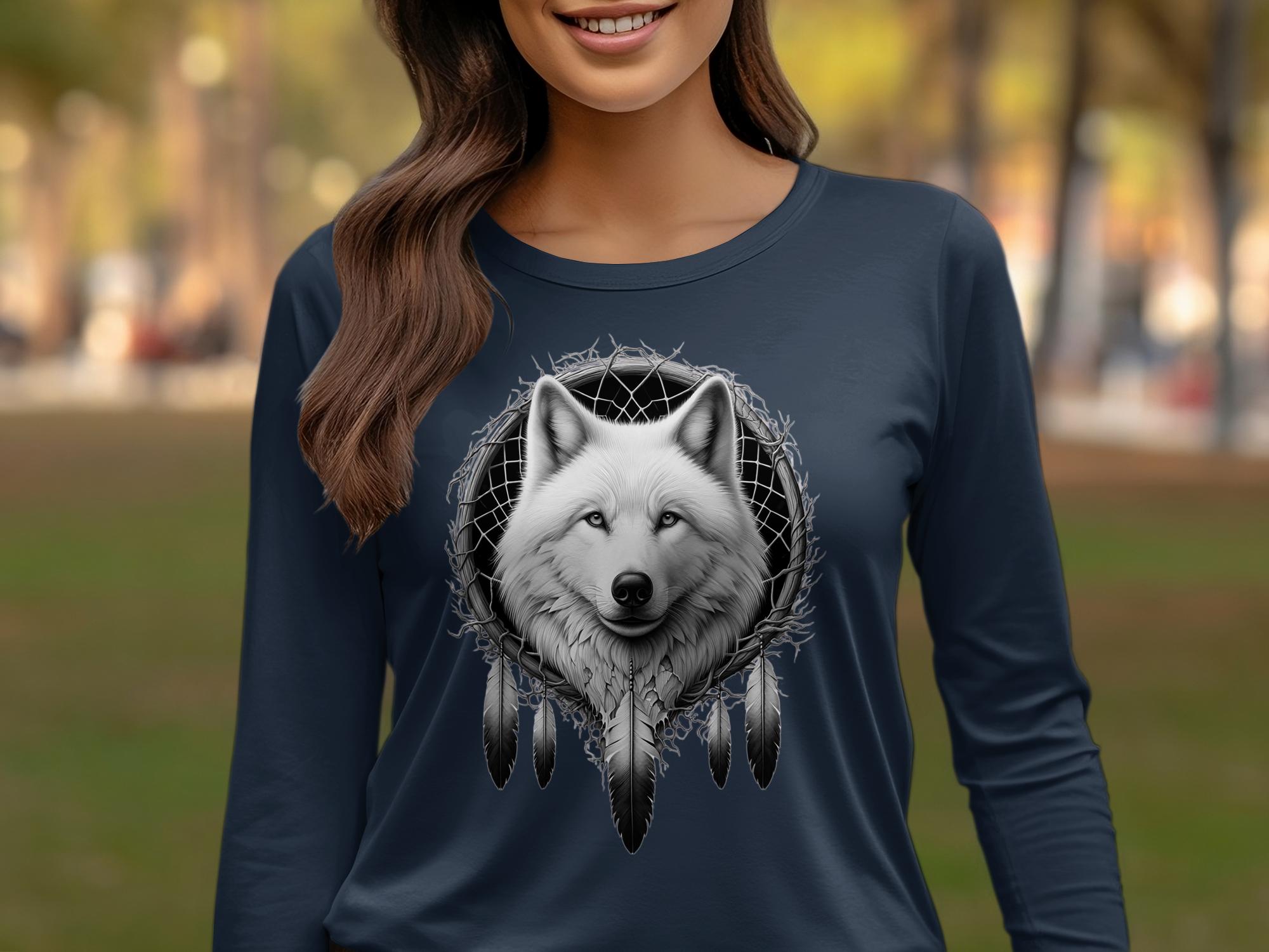 Dreamcatcher Wolf - Coloured Gildan Long Sleeve Realistic Native American Talisman Unisex Mythology Tee Graphic Design