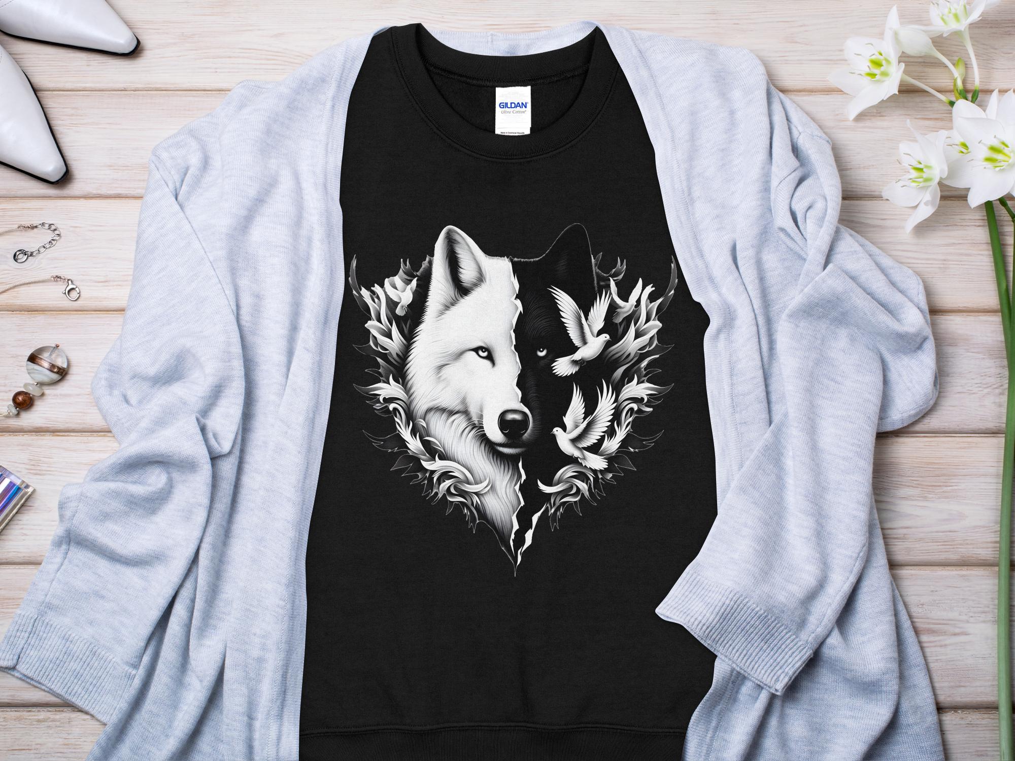 Wolf x Doves - Black White Gildan Sweatshirt Realistic Animal Talisman Unisex Tee Graphic Design