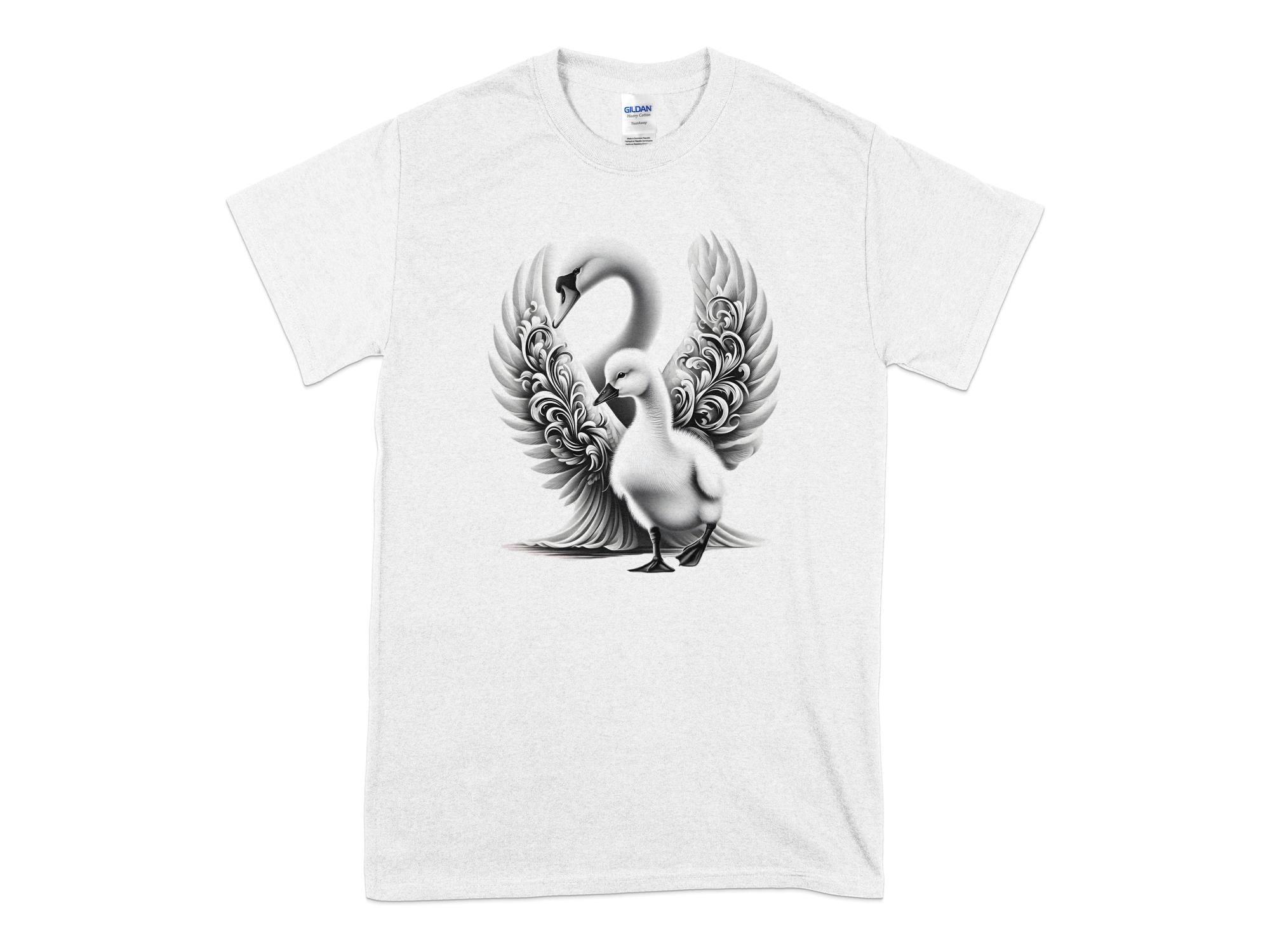 Swan & Cygnet- Black White Gildan T-Shirt Realistic Family Talisman Unisex Tee Graphic Design