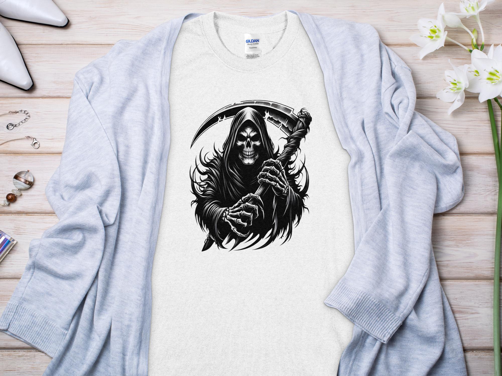 Grim Reaper - Black White Gildan T-Shirt Commemorative Talisman Unisex Tee Graphic Design