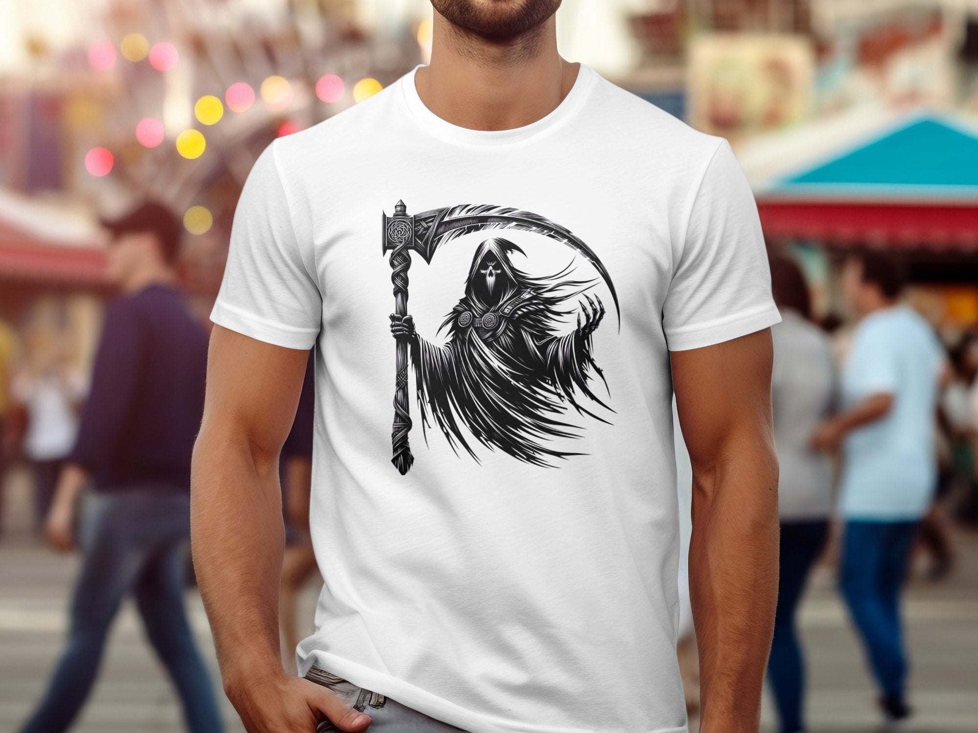 Grim Reaper - Black White Gildan T-Shirt Commemorative Talisman Unisex Tee Graphic Design