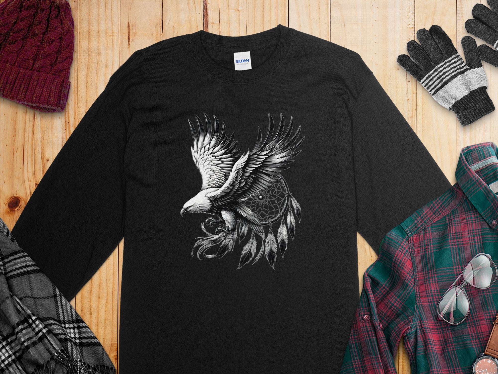 Dreamcatcher Eagle - Coloured Gildan Long Sleeve Realistic Native American Talisman Unisex Mythology Tee Graphic Design