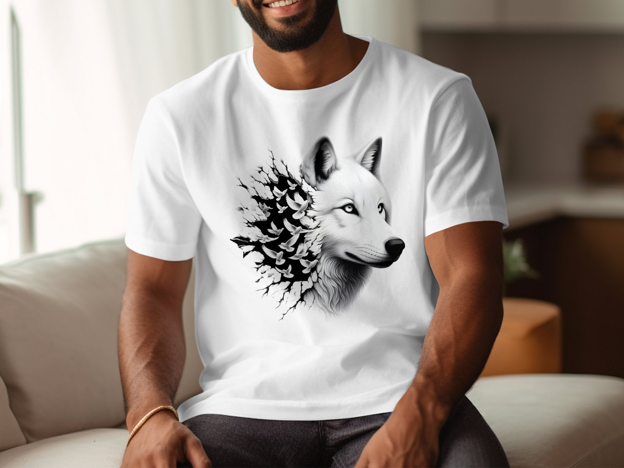 Wolf x Doves - Black White Gildan T-Shirt Realistic Animal Talisman Unisex Tee Graphic Design