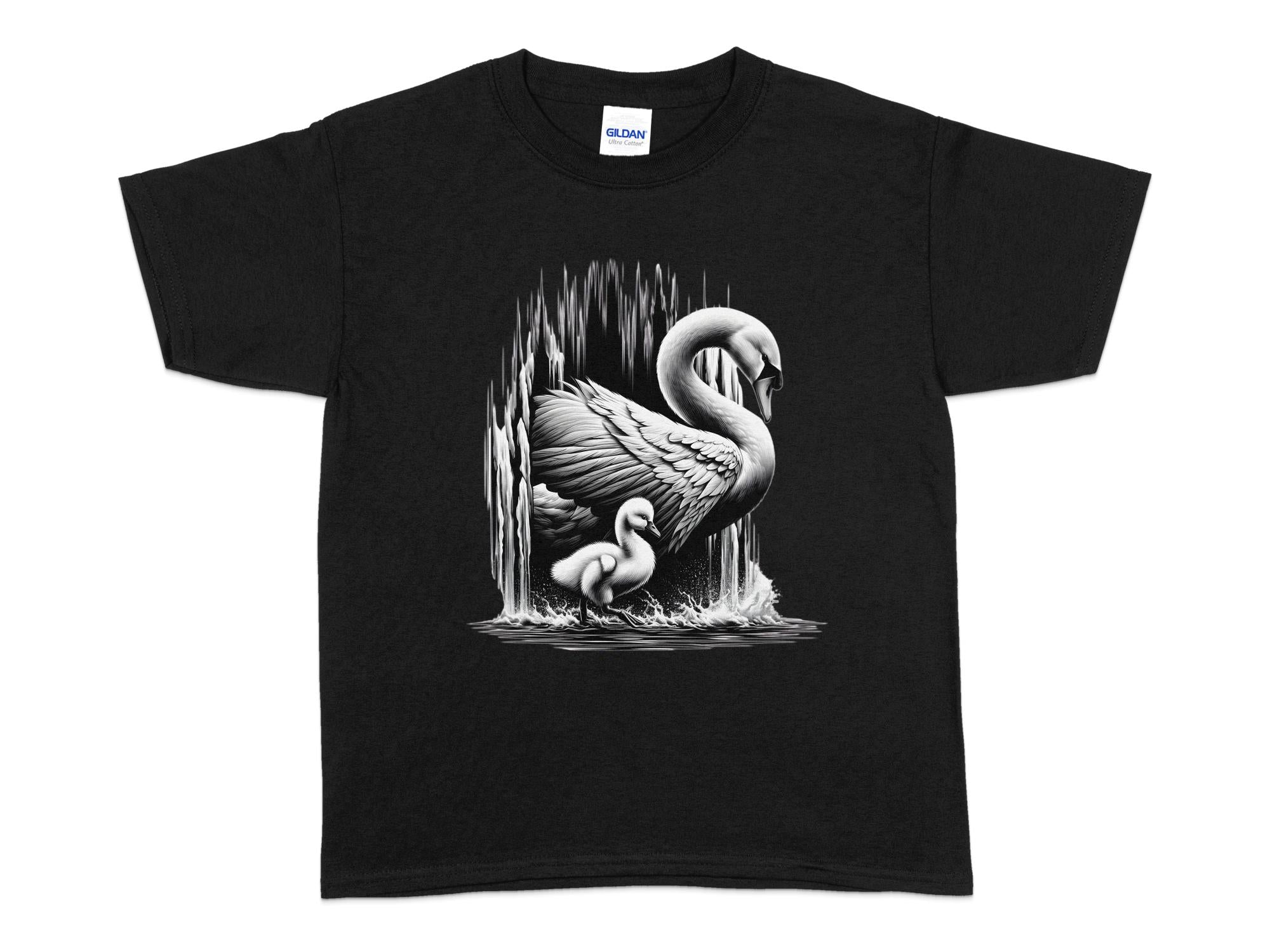 Swan & Cygnet- Black White Gildan Kids T-Shirt Realistic Family Talisman Unisex Tee Graphic Design