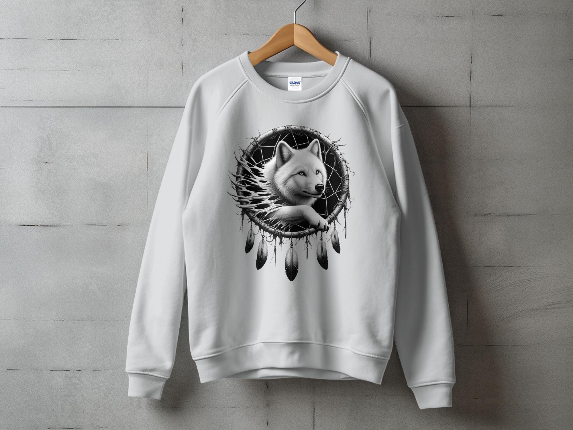 Dreamcatcher Wolf - Coloured Gildan Sweatshirt Realistic Native American Talisman Unisex Mythology Tee Graphic Design