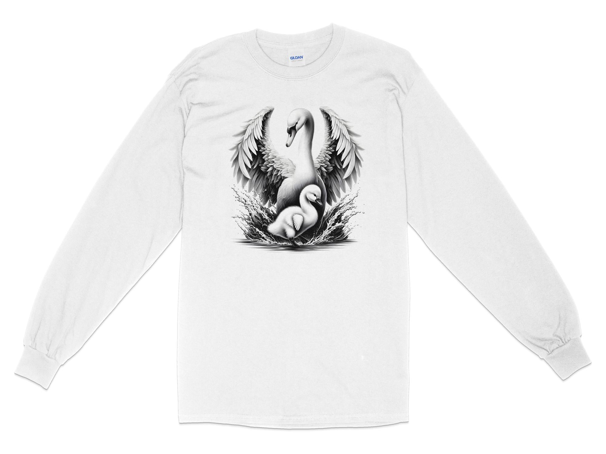 Swan & Cygnet- Black White Gildan Long Sleeve Realistic Family Talisman Unisex Tee Graphic Design