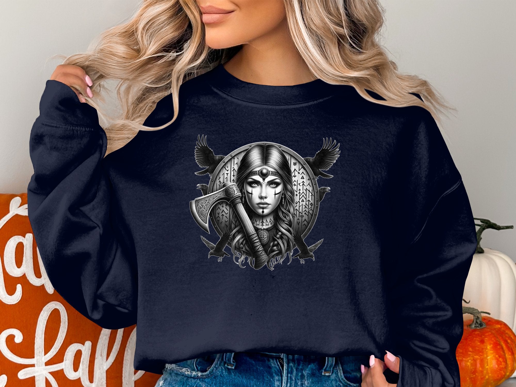 Viking Shield Maiden - Coloured Gildan Sweatshirt Realistic Norse Talisman Men Women Unisex Valhalla Tee Graphic Design