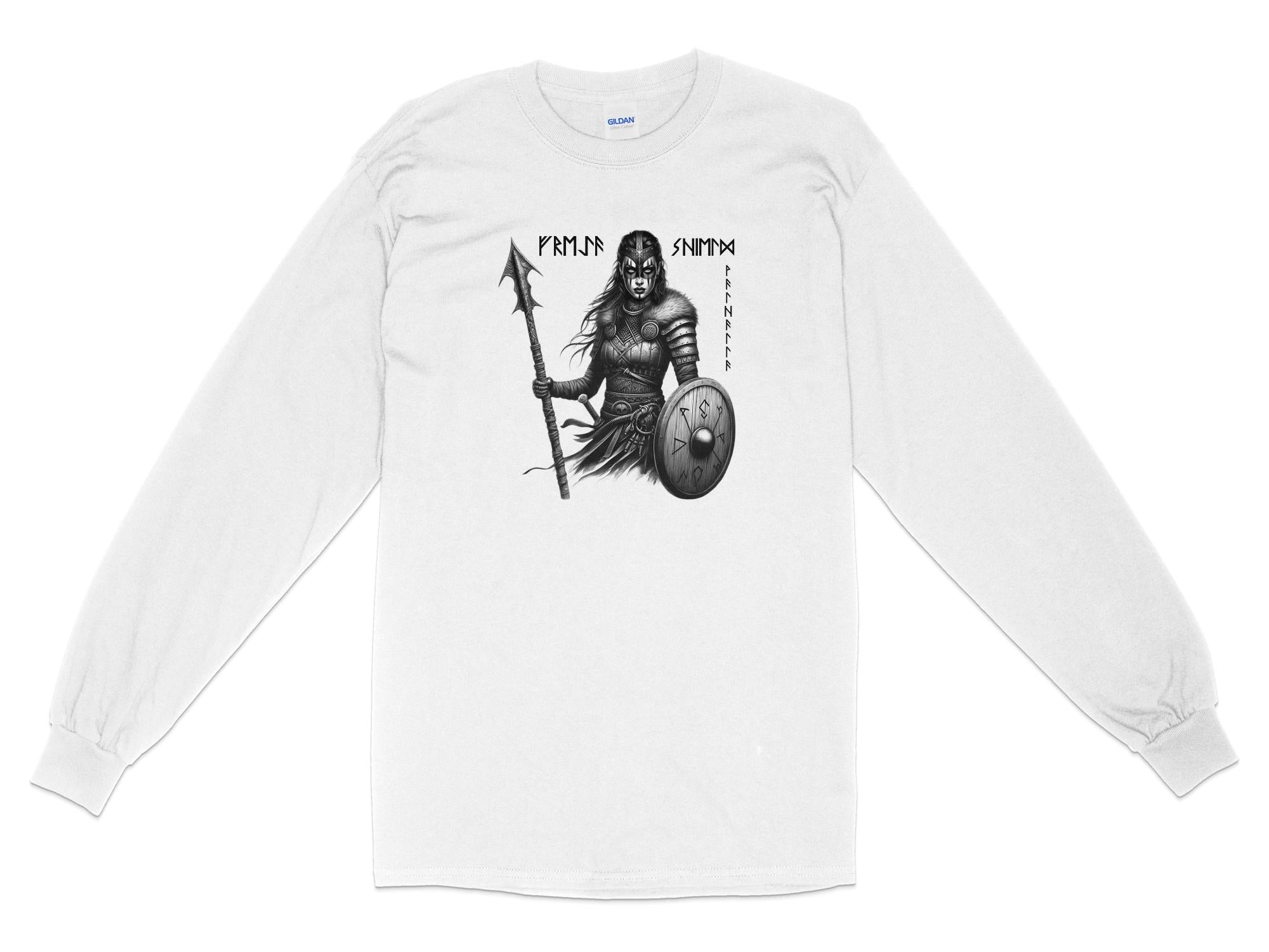 Viking Shield Maiden - Coloured Gildan Long Sleeve Realistic Norse Talisman Men Women Unisex Valhalla Tee Graphic Design