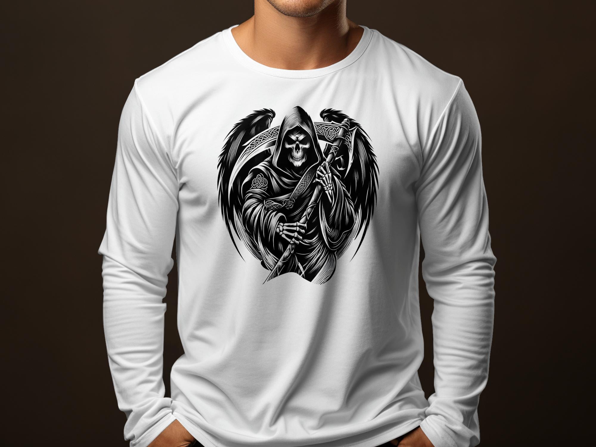 Grim Reaper - Black White Gildan Long Sleeve Commemorative Talisman Unisex Tee Graphic Design