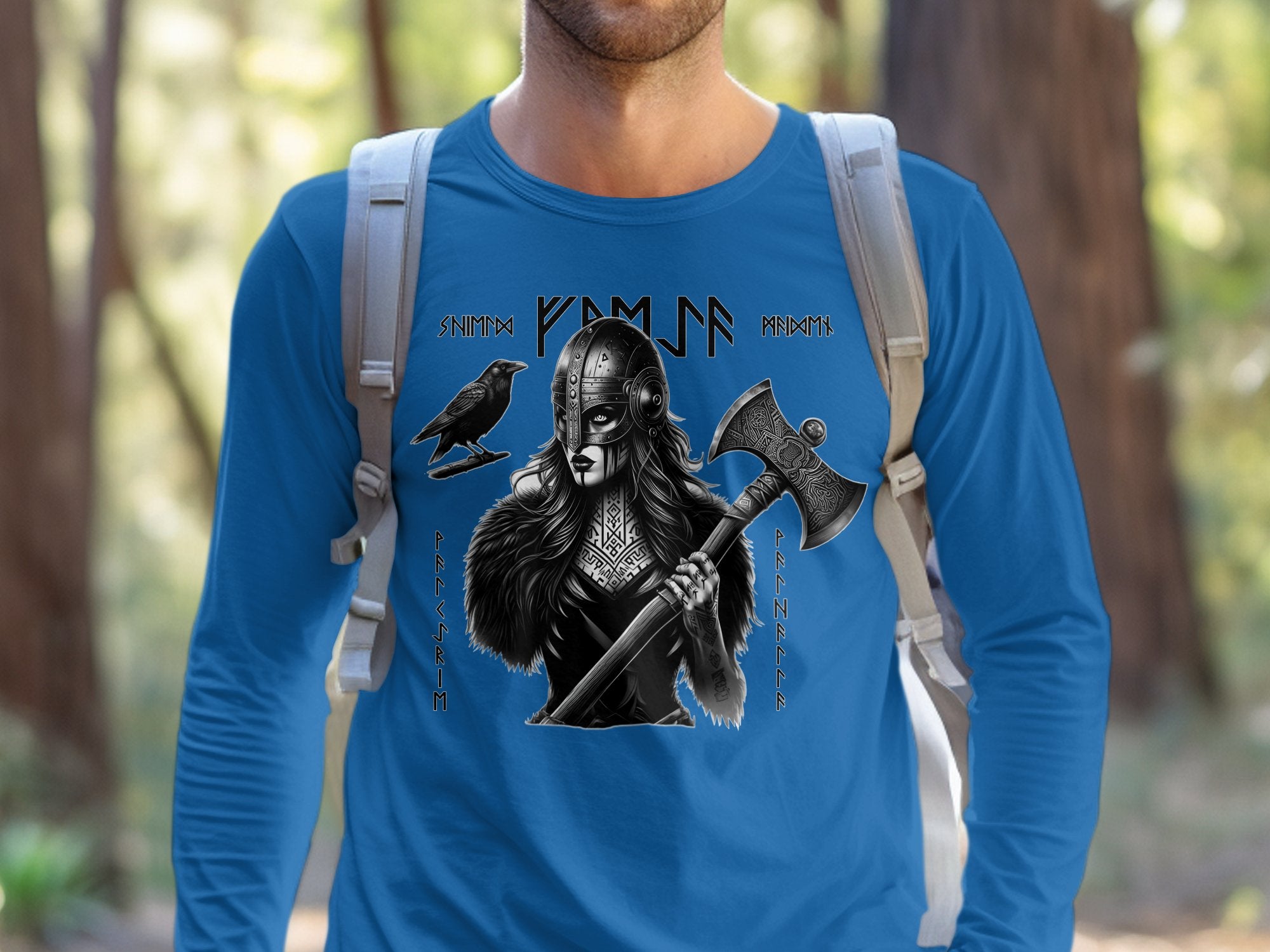 Viking Shield Maiden - Coloured Gildan Long Sleeve Realistic Norse Talisman Men Women Unisex Valhalla Tee Graphic Design