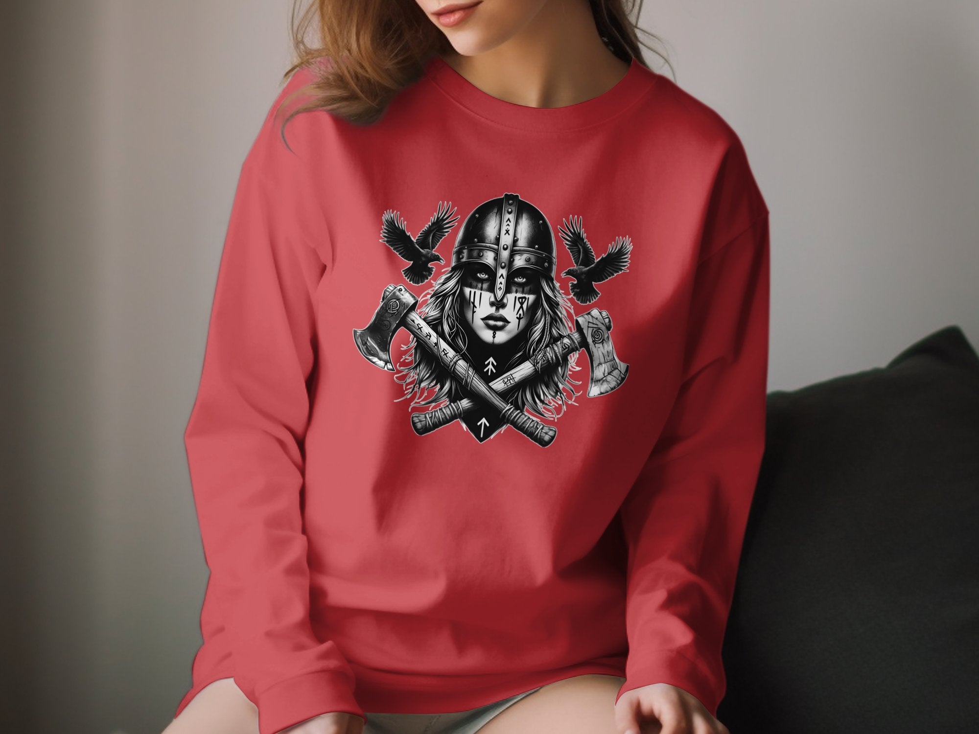 Viking Shield Maiden - Coloured Gildan Long Sleeve Realistic Norse Talisman Men Women Unisex Valhalla Tee Graphic Design