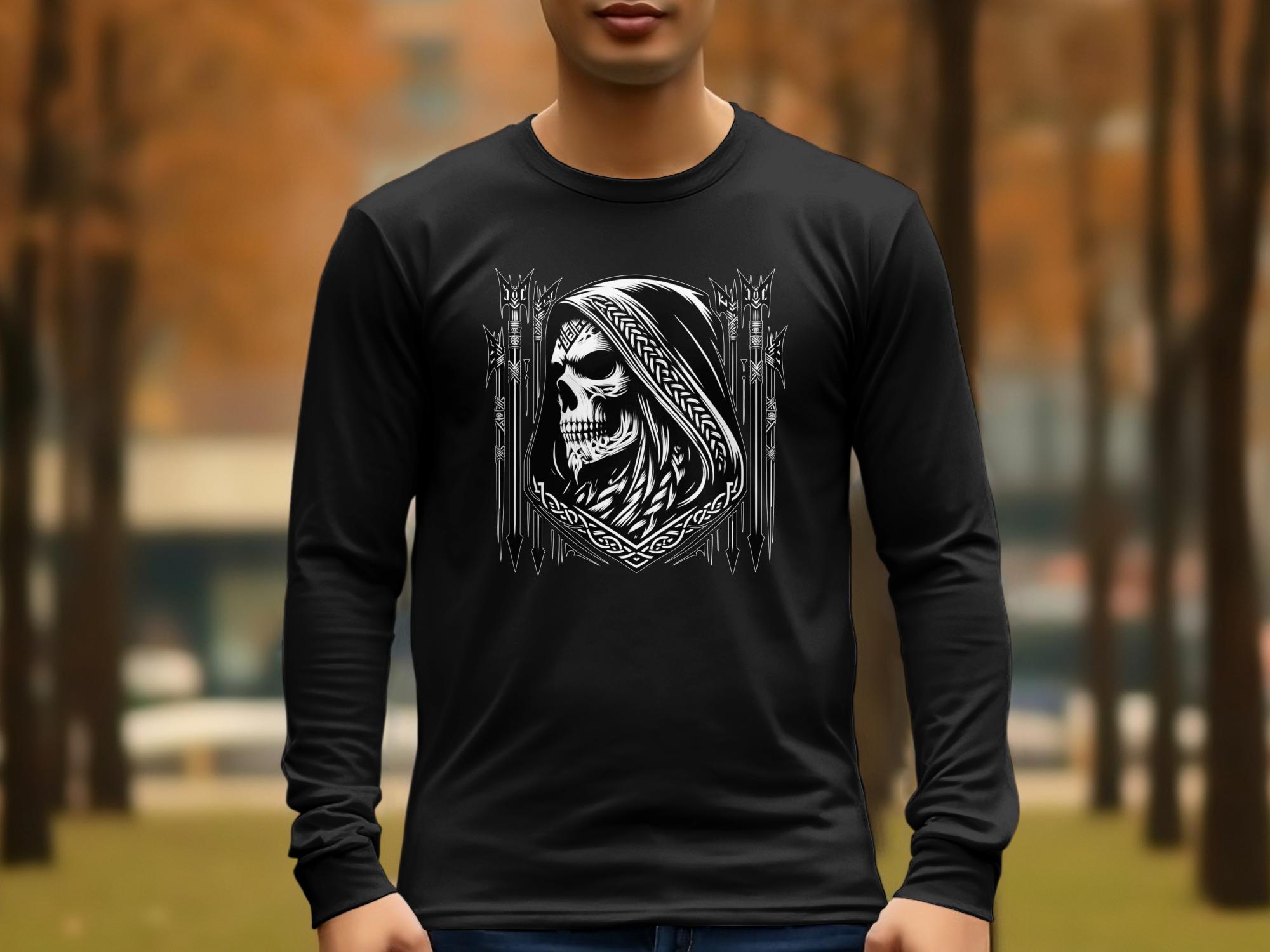 Grim Reaper - Black White Gildan Long Sleeve Commemorative Talisman Unisex Tee Graphic Design