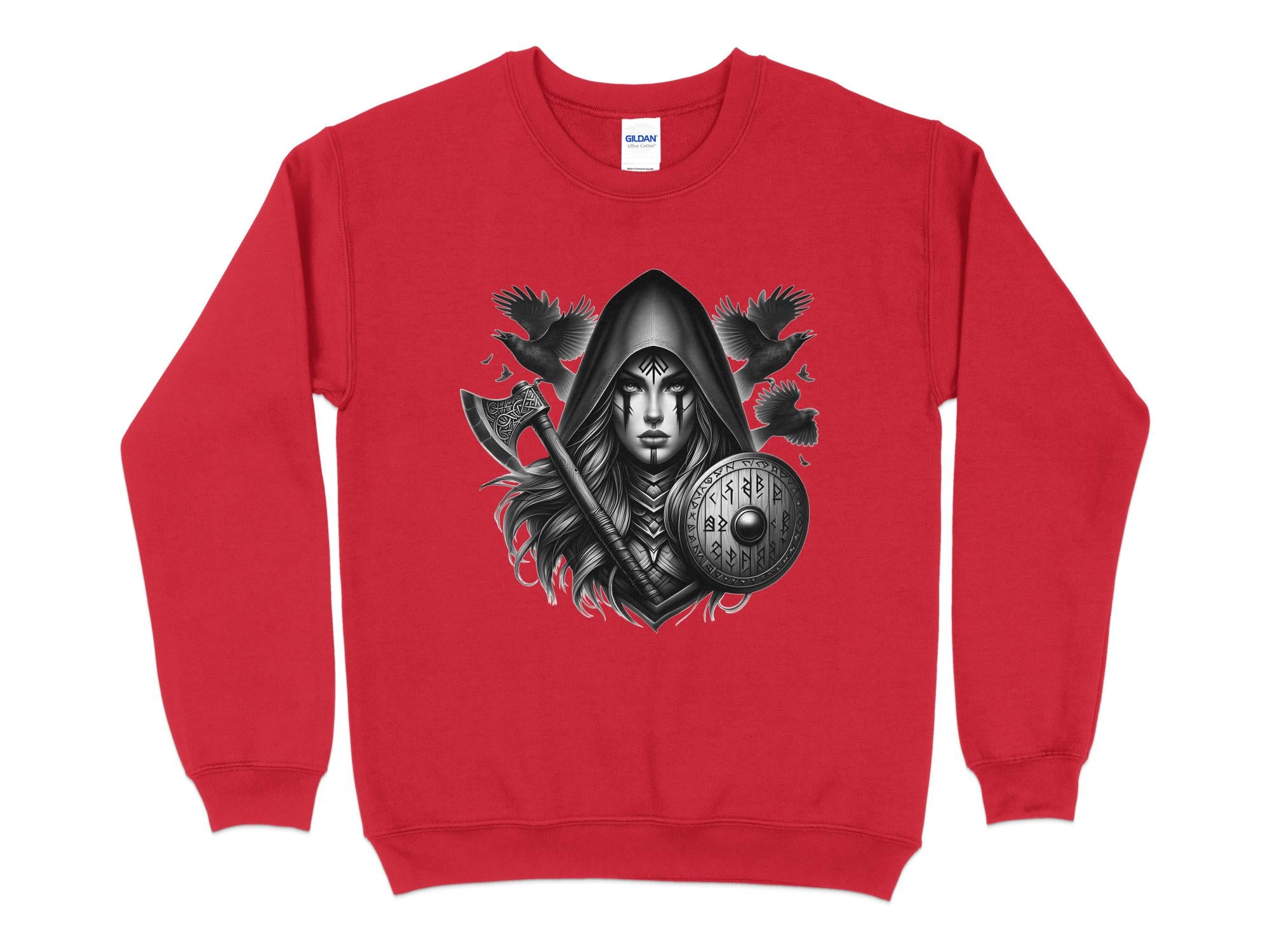 Viking Shield Maiden - Coloured Gildan Sweatshirt Realistic Norse Talisman Men Women Unisex Valhalla Tee Graphic Design