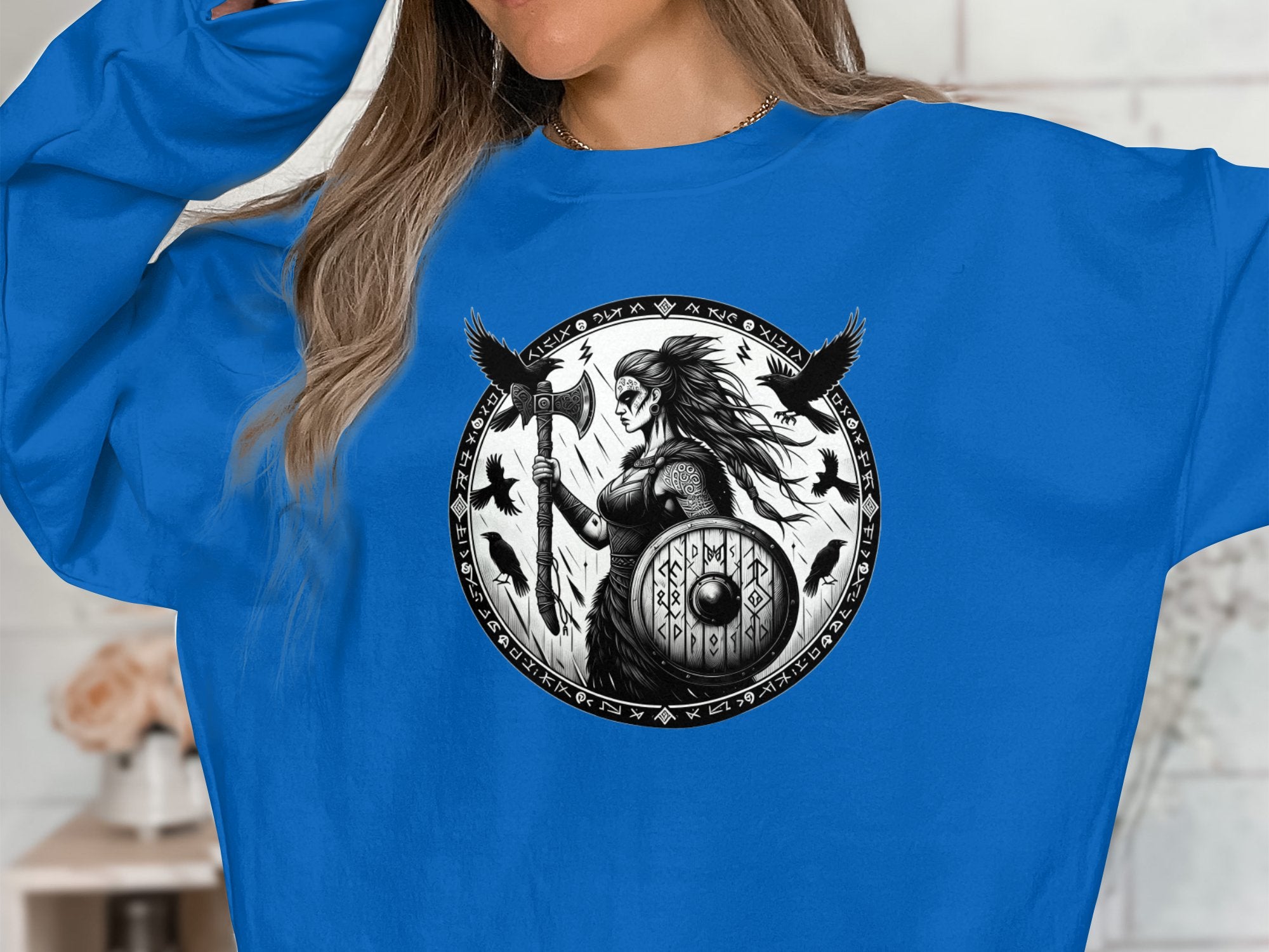 Viking Shield Maiden - Coloured Gildan Sweatshirt Realistic Norse Talisman Men Women Unisex Valhalla Tee Graphic Design