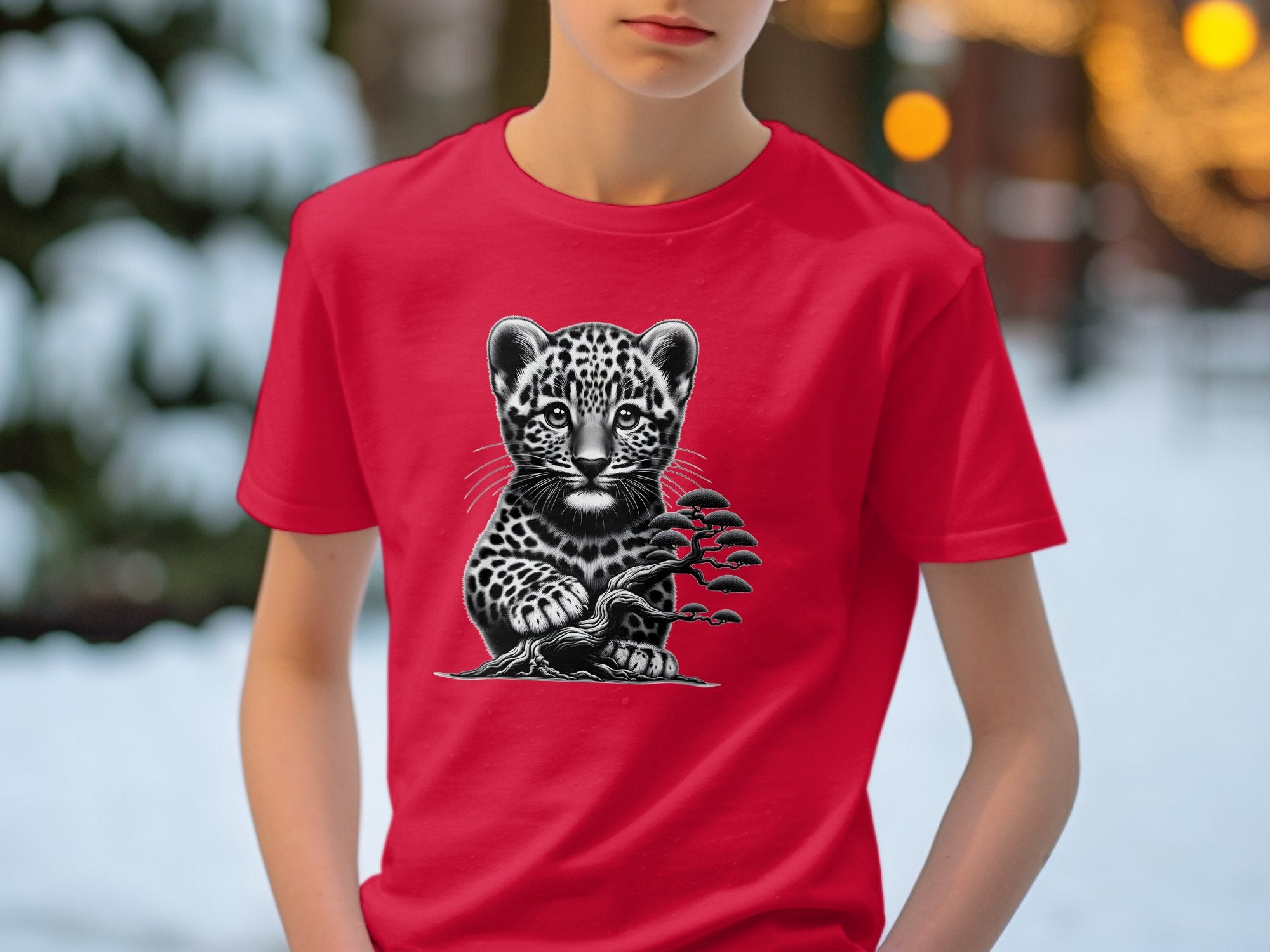 Leopard Bonsai - Coloured Gildan Kids T-Shirt Realistic Animal Talisman Unisex Cute Tee Graphic Design