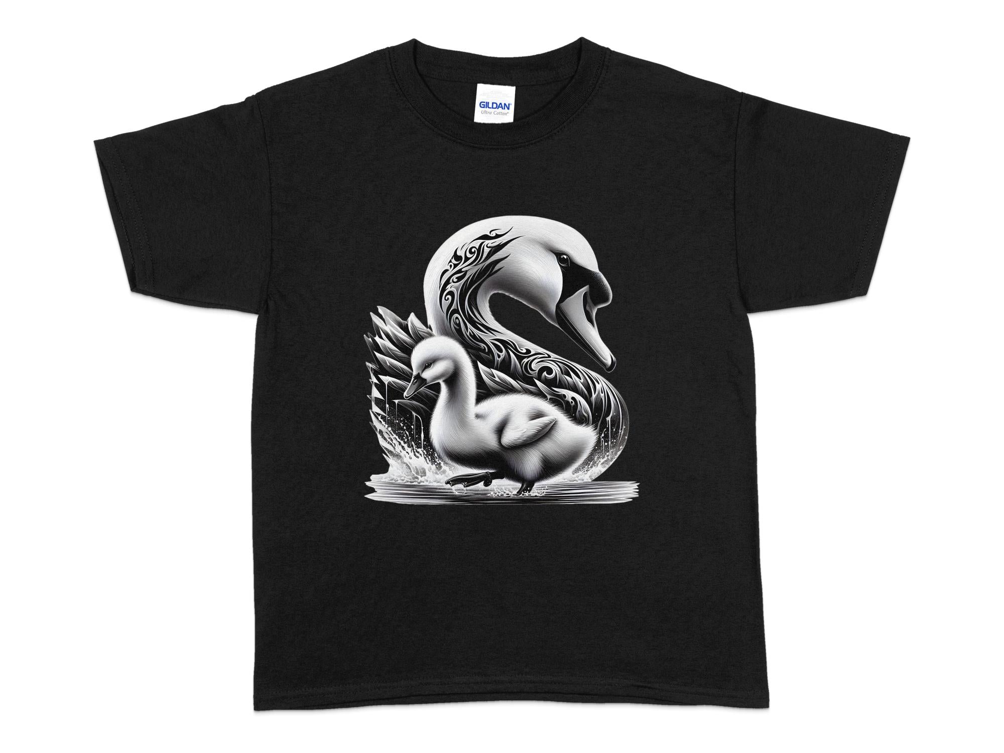 Swan & Cygnet- Black White Gildan Kids T-Shirt Realistic Family Talisman Unisex Tee Graphic Design