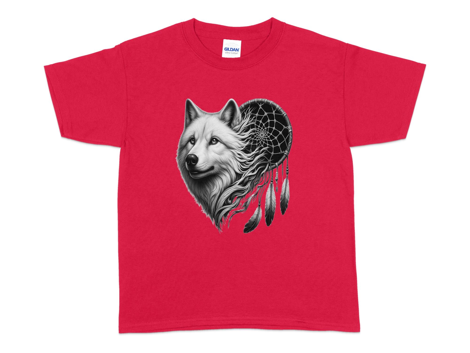 Dreamcatcher Wolf - Coloured Gildan Kids T-Shirt Realistic Native American Talisman Unisex Mythology Tee Graphic Design