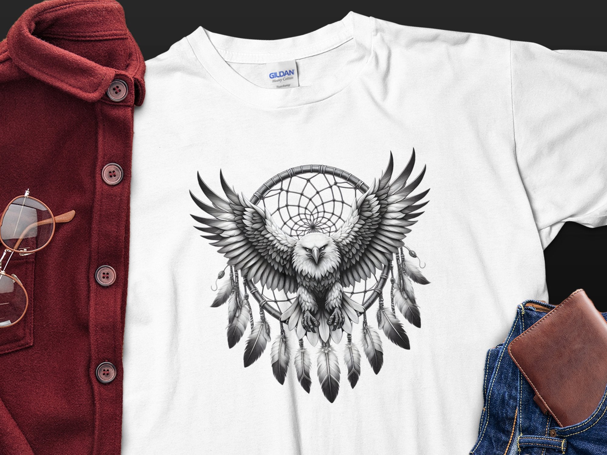 Dreamcatcher Eagle - Coloured Gildan T-Shirt Realistic Native American Talisman Unisex Mythology Tee Graphic Design