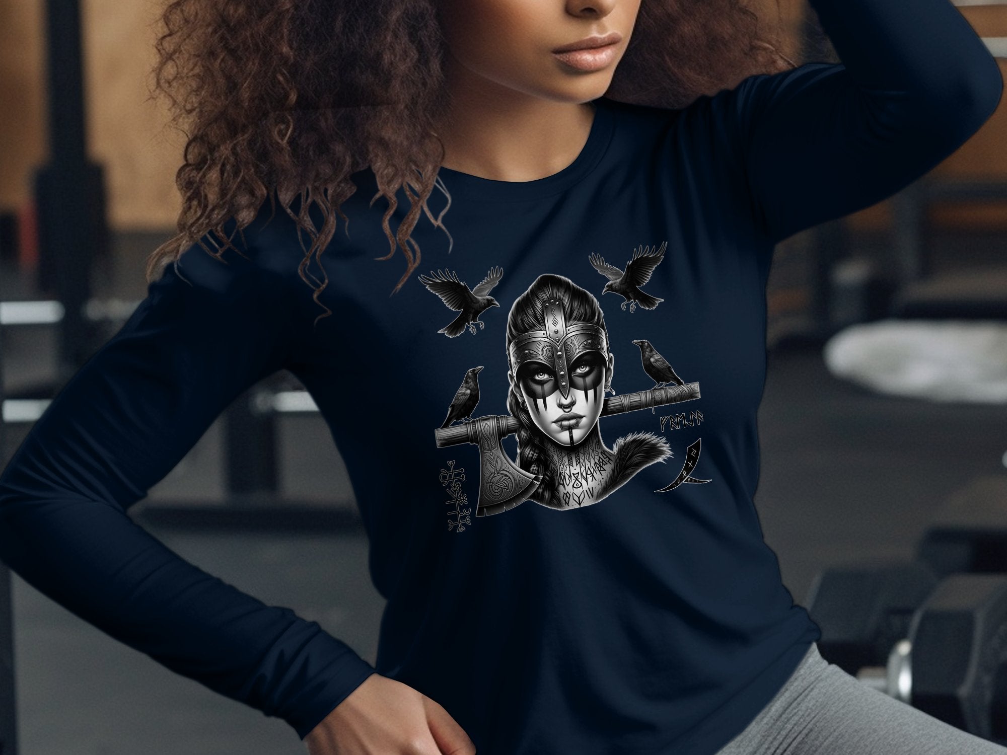 Viking Shield Maiden - Coloured Gildan Long Sleeve Realistic Norse Talisman Men Women Unisex Valhalla Tee Graphic Design