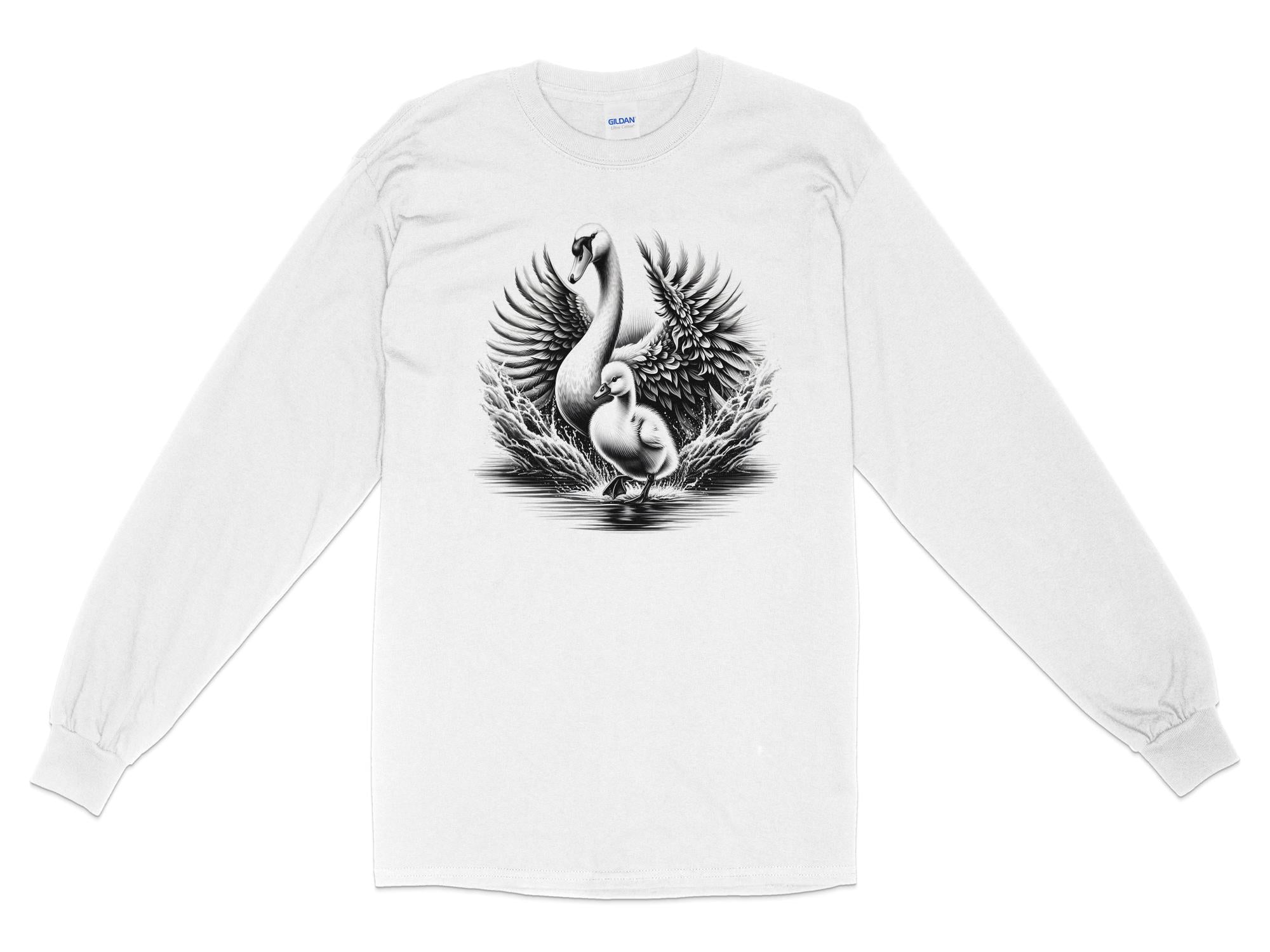 Swan & Cygnet- Black White Gildan Long Sleeve Realistic Family Talisman Unisex Tee Graphic Design