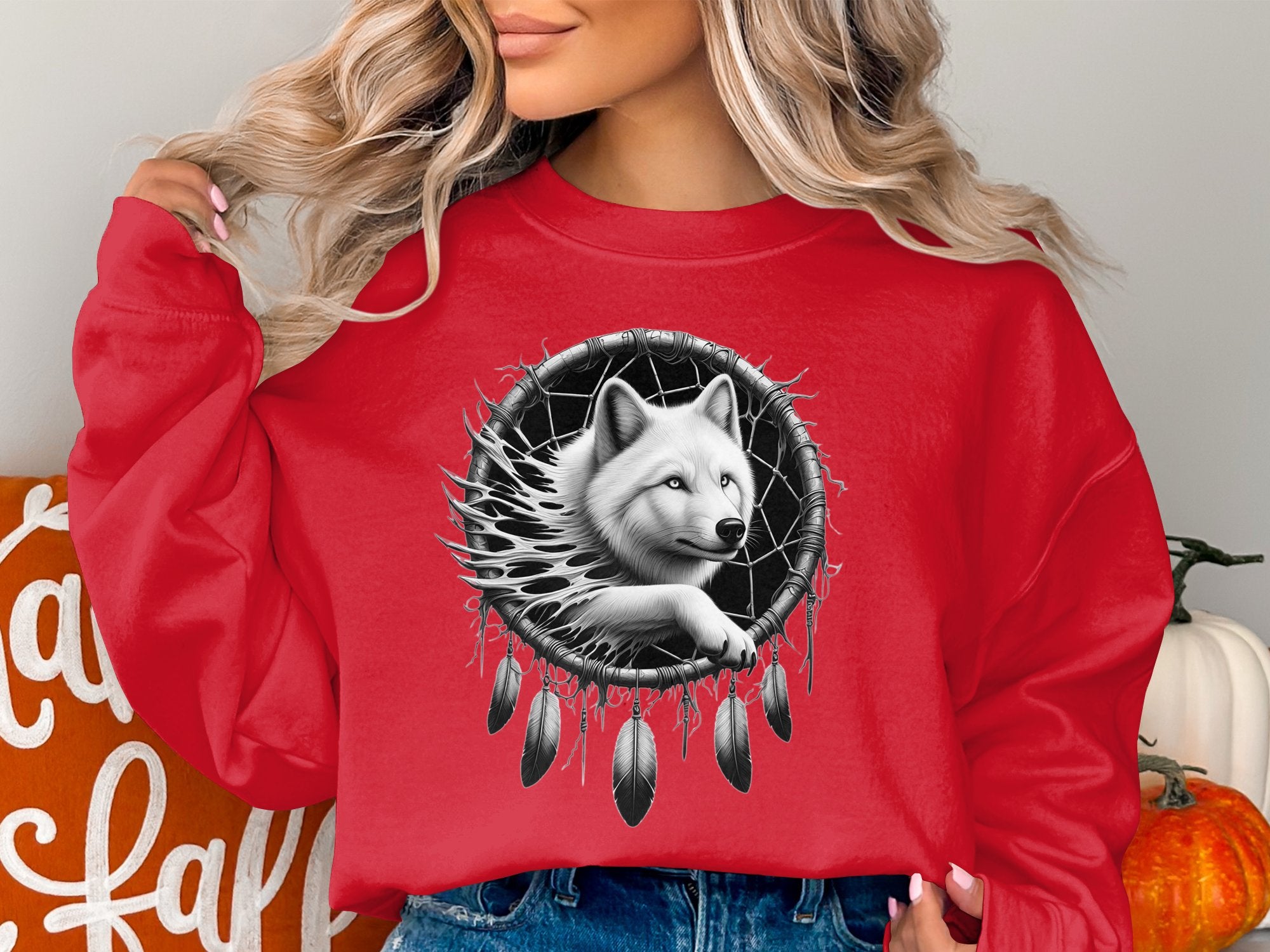 Dreamcatcher Wolf - Coloured Gildan Sweatshirt Realistic Native American Talisman Unisex Mythology Tee Graphic Design