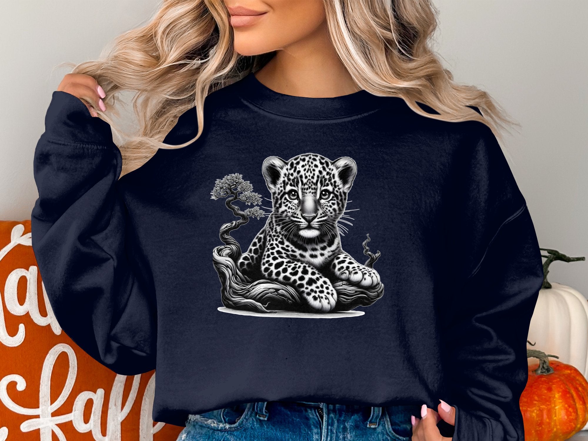 Leopard Bonsai - Coloured Gildan Sweatshirt Realistic Animal Talisman Unisex Cute Tee Graphic Design