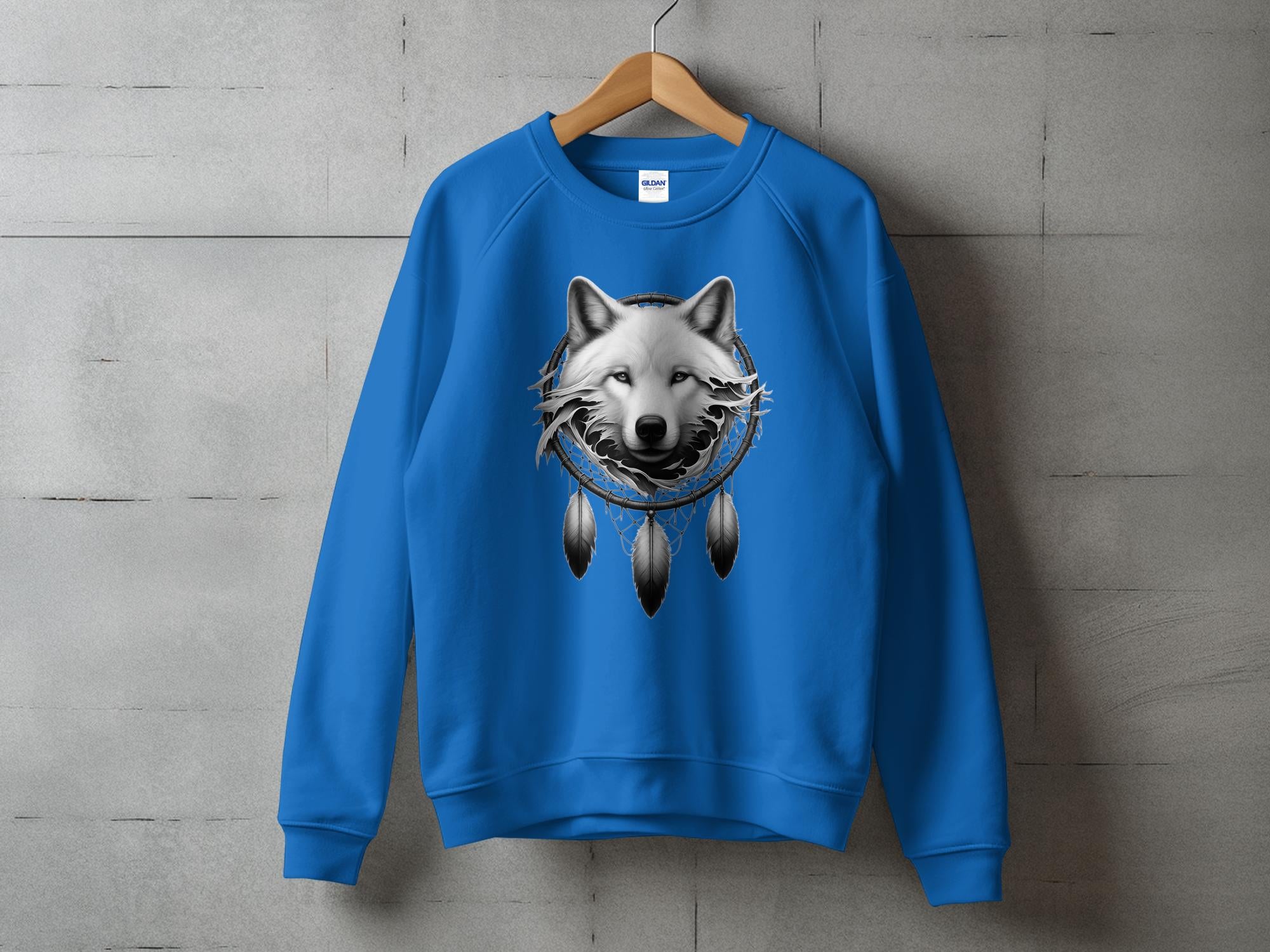 Dreamcatcher Wolf - Coloured Gildan Sweatshirt Realistic Native American Talisman Unisex Mythology Tee Graphic Design