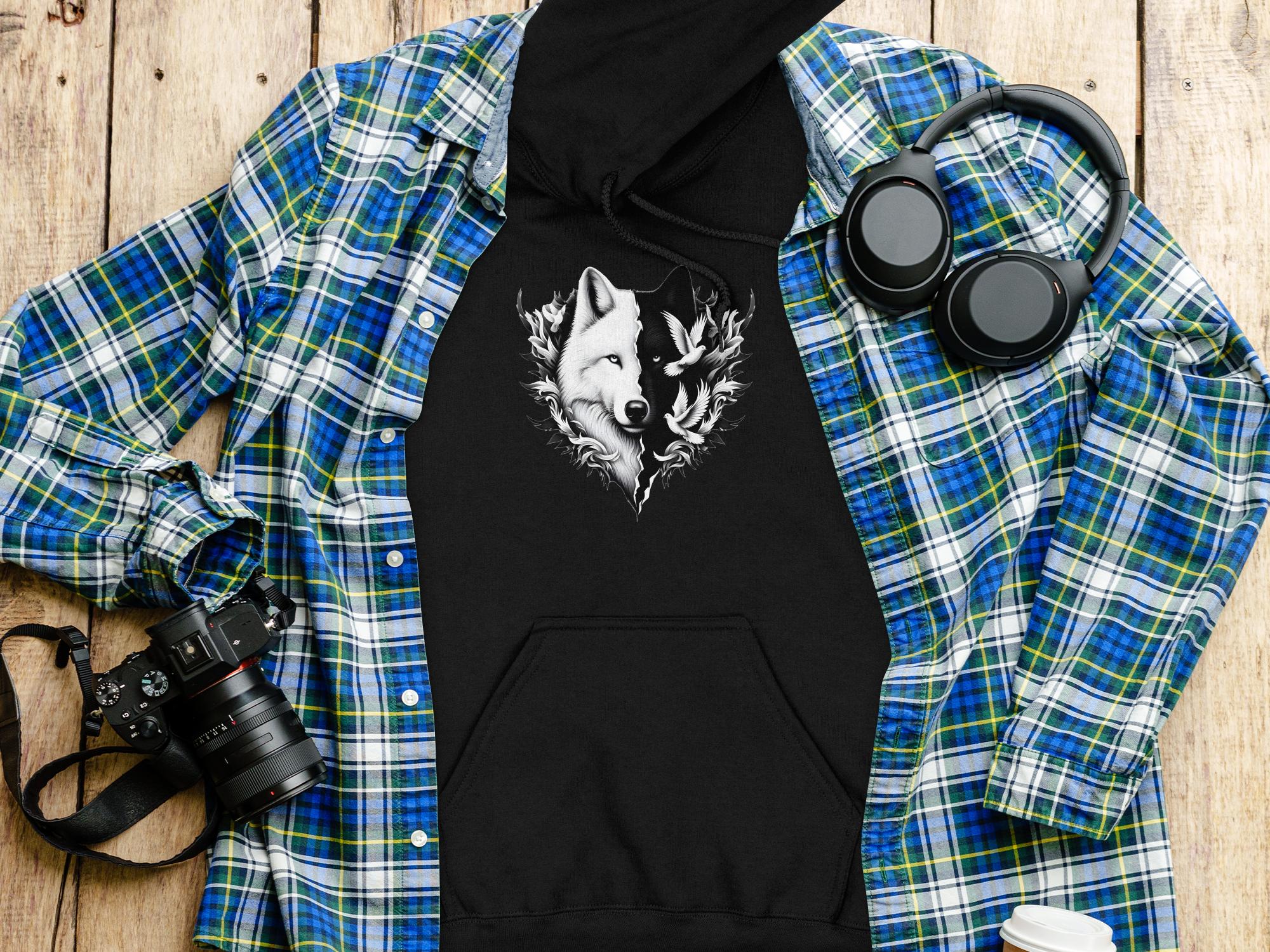 Wolf x Doves - Black White Gildan Hoodie Realistic Animal Talisman Unisex Tee Graphic Design