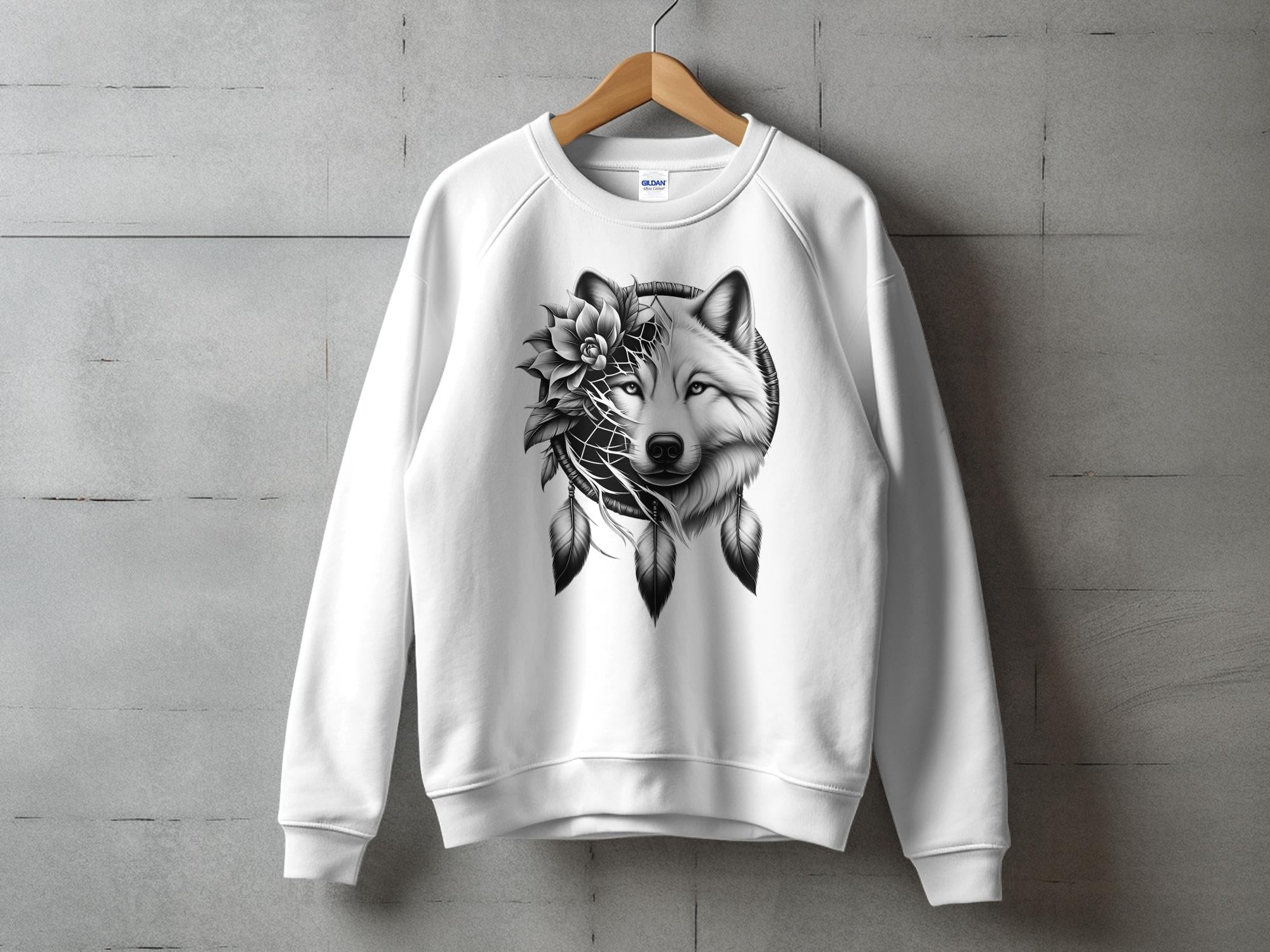 Dreamcatcher Wolf - Coloured Gildan Sweatshirt Realistic Native American Talisman Unisex Mythology Tee Graphic Design