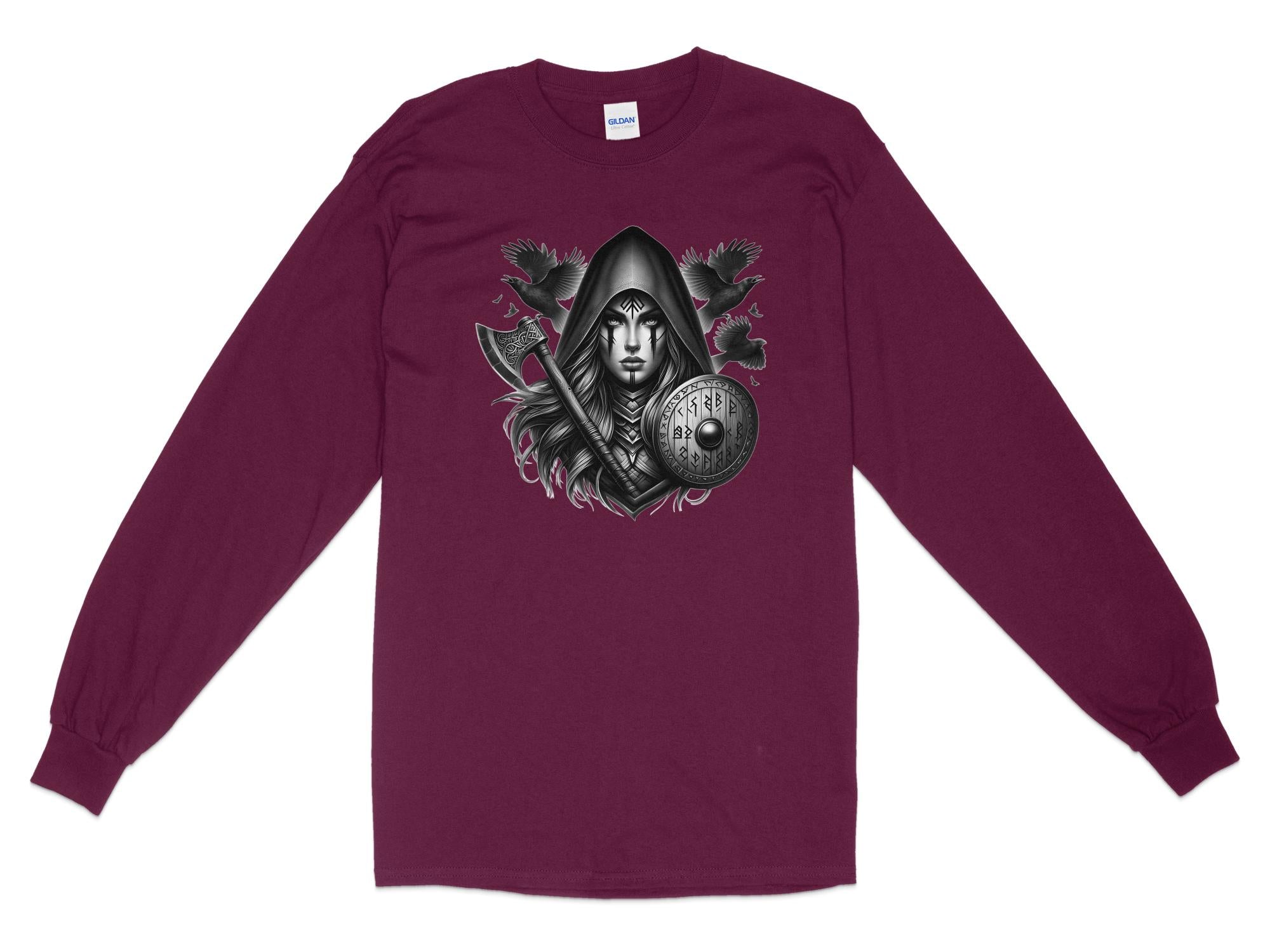 Viking Shield Maiden - Coloured Gildan Long Sleeve Realistic Norse Talisman Men Women Unisex Valhalla Tee Graphic Design