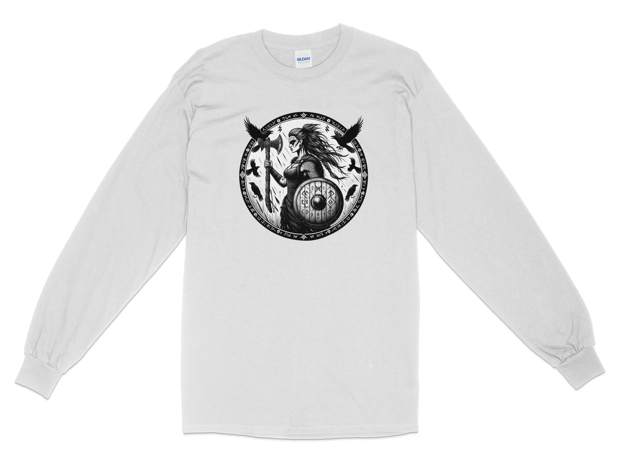 Viking Shield Maiden - Coloured Gildan Long Sleeve Realistic Norse Talisman Men Women Unisex Valhalla Tee Graphic Design