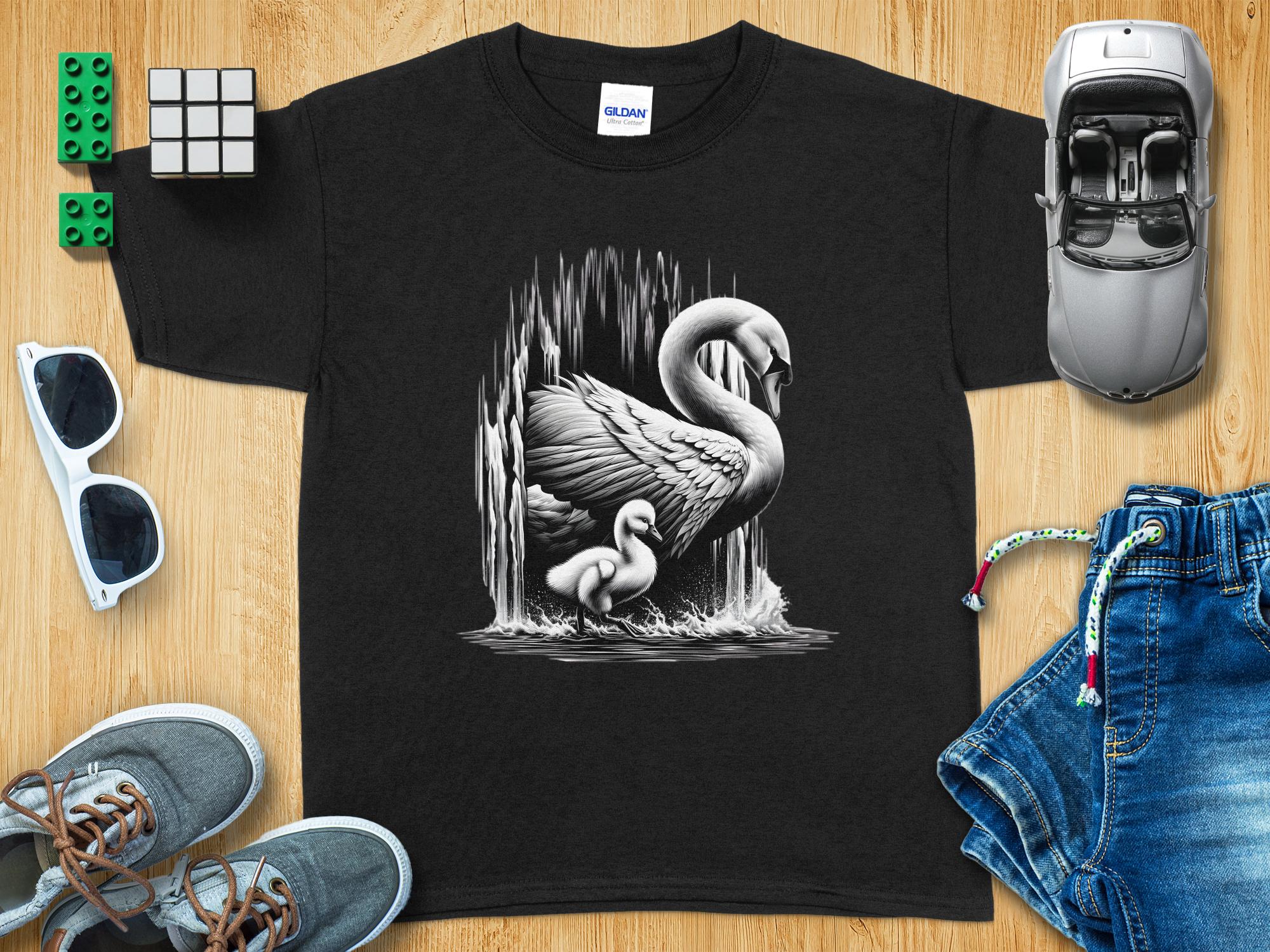 Swan & Cygnet- Black White Gildan Kids T-Shirt Realistic Family Talisman Unisex Tee Graphic Design