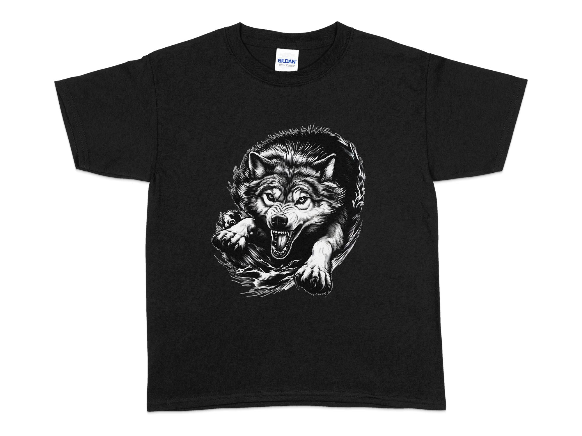 Wolf Tribal - Black White Gildan Kids T-Shirt Realistic Animal Talisman Unisex Tee Graphic Design